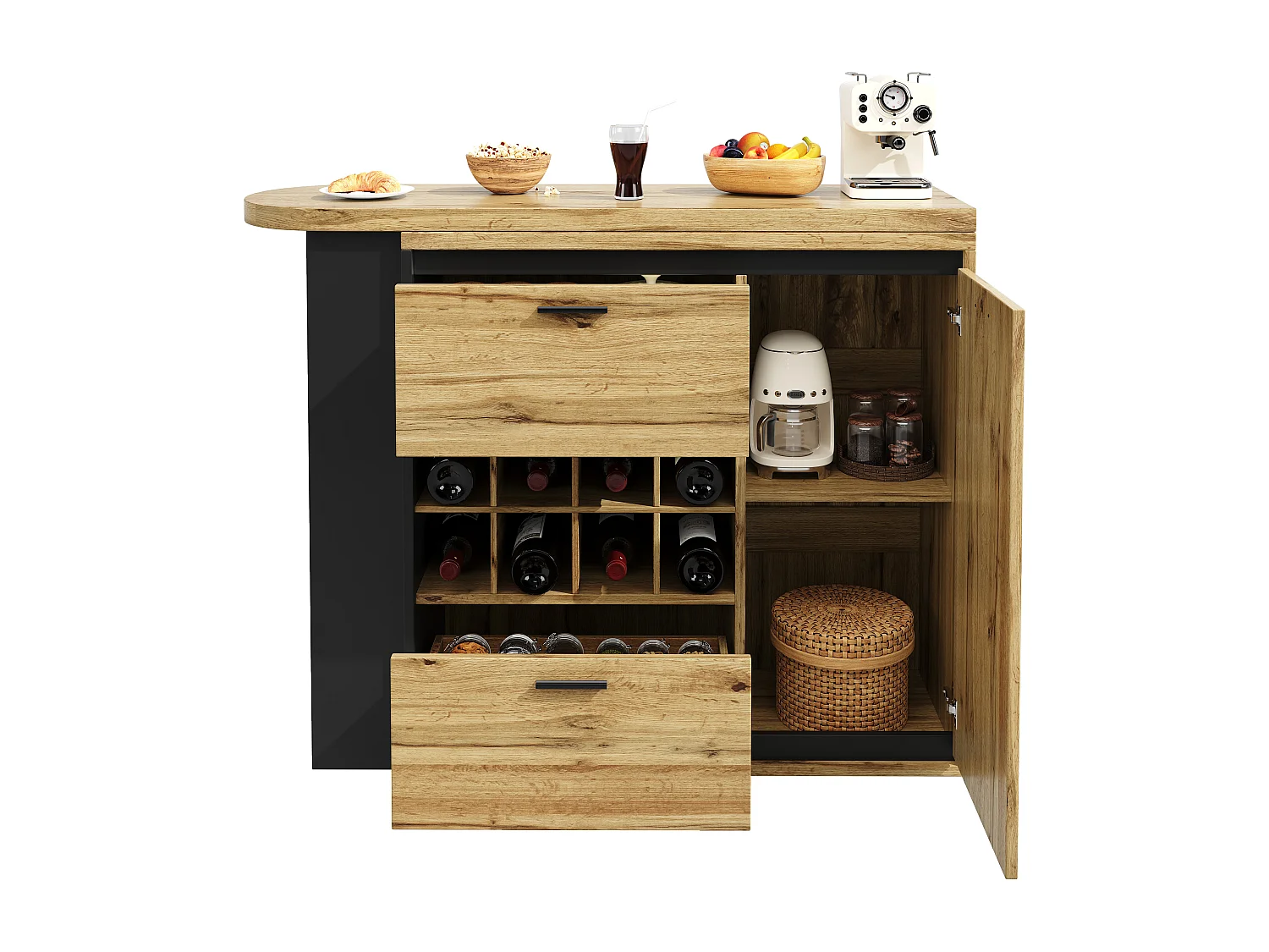Ausziehbarer Küchen-Bar-Schrank - mit 360°-Drehung - 220x39x105cm - 1 Tür, 2 Schubladen - 6 Weinfächer - mit Seitengestellen - Natur