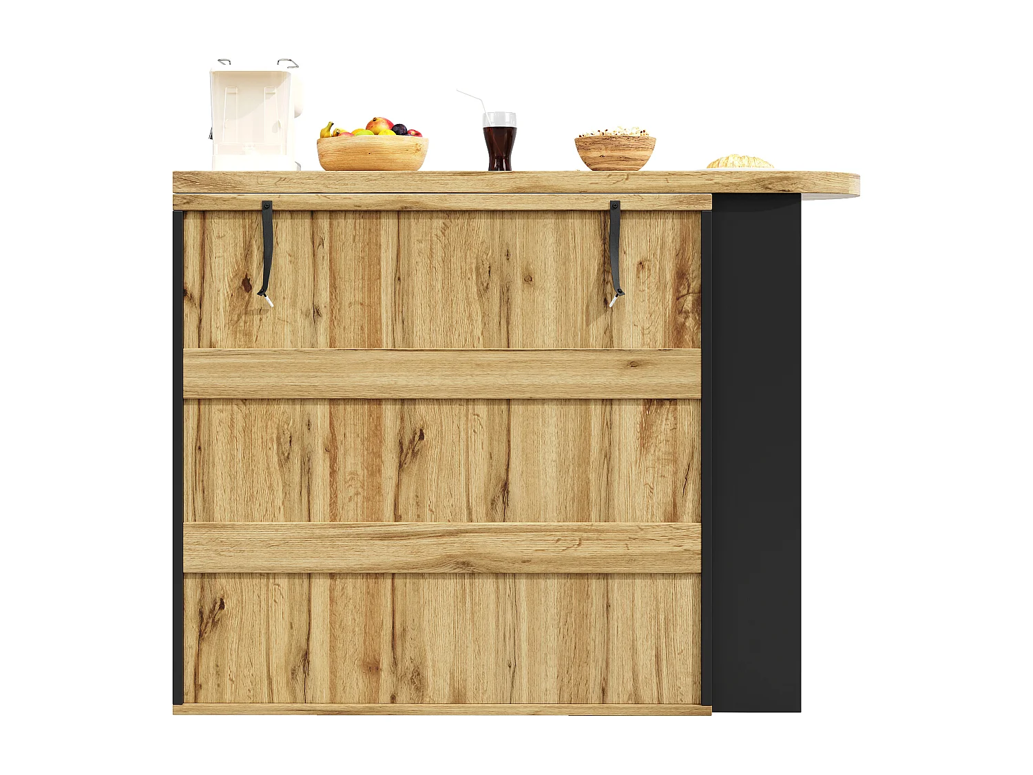 Ausziehbarer Küchen-Bar-Schrank - mit 360°-Drehung - 220x39x105cm - 1 Tür, 2 Schubladen - 6 Weinfächer - mit Seitengestellen - Natur