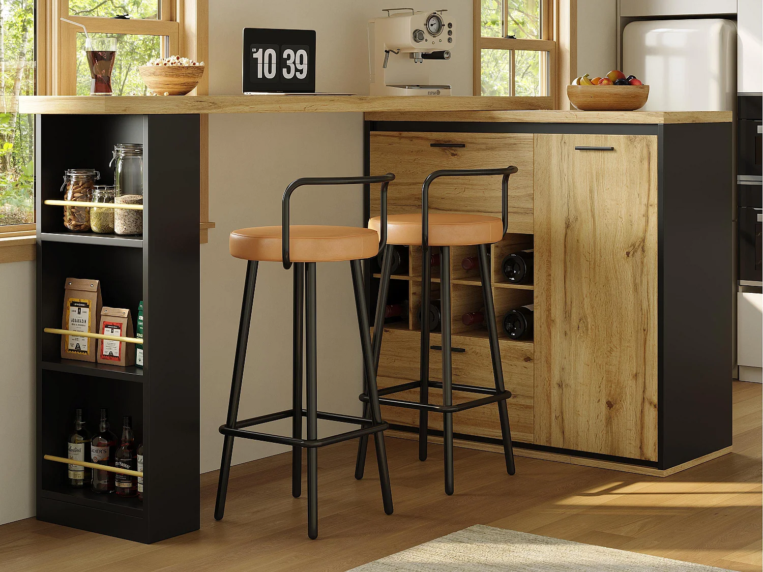 Mobile bar cucina estensibile - con rotazione 360° - 220x39x105cm - 1 anta, 2 cassetti - 6 cantinette per vino - con ripiani laterali - Naturale