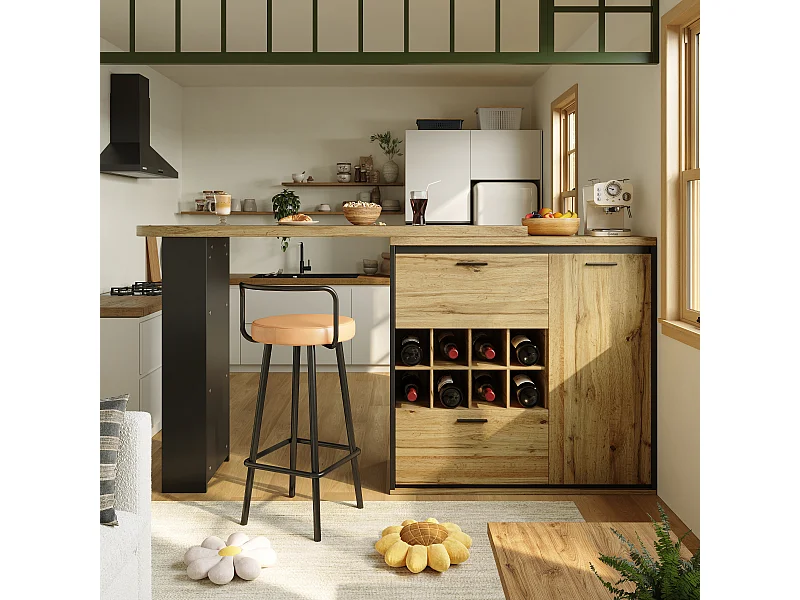 Móvel de bar de cozinha extensível - con rotação 360° - 220x39x105cm - 1 porta, 2 gavetas - 6 nichos para vinho - con prateleiras laterais - Natural