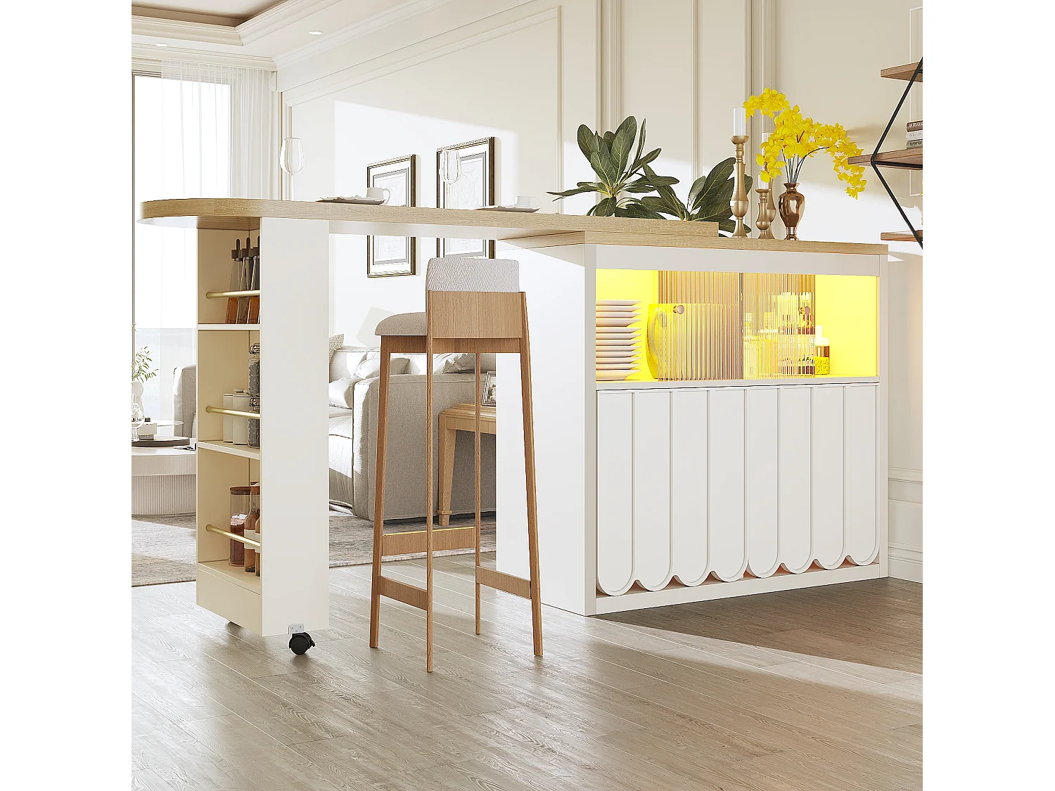 Ausziehbarer Küchen-Bar-Schrank - mit 360°-Drehung - 135-205x39x100cm - 2 Türen - mit Seitengestellen - Weiß