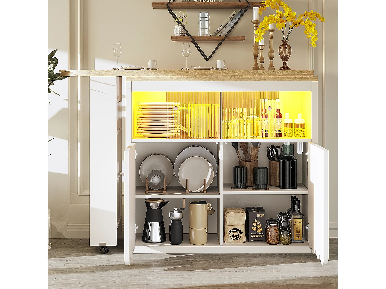 Ausziehbarer Küchen-Bar-Schrank - mit 360°-Drehung - 135-205x39x100cm - 2 Türen - mit Seitengestellen - Weiß