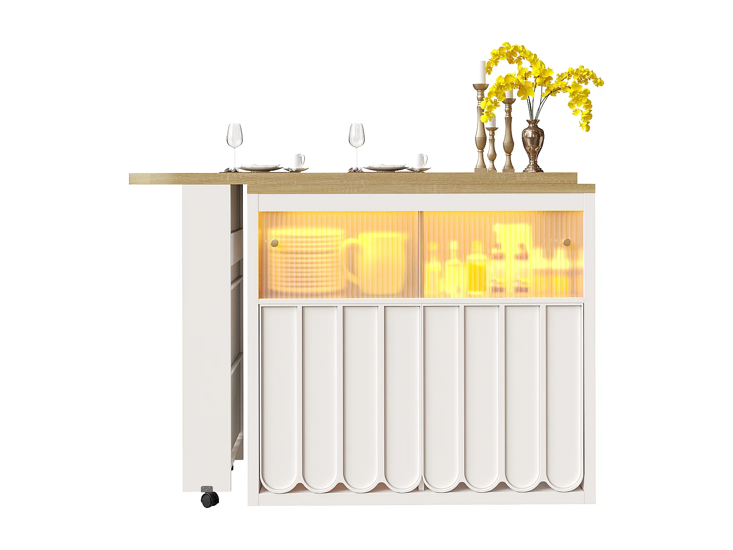 Ausziehbarer Küchen-Bar-Schrank - mit 360°-Drehung - 135-205x39x100cm - 2 Türen - mit Seitengestellen - Weiß