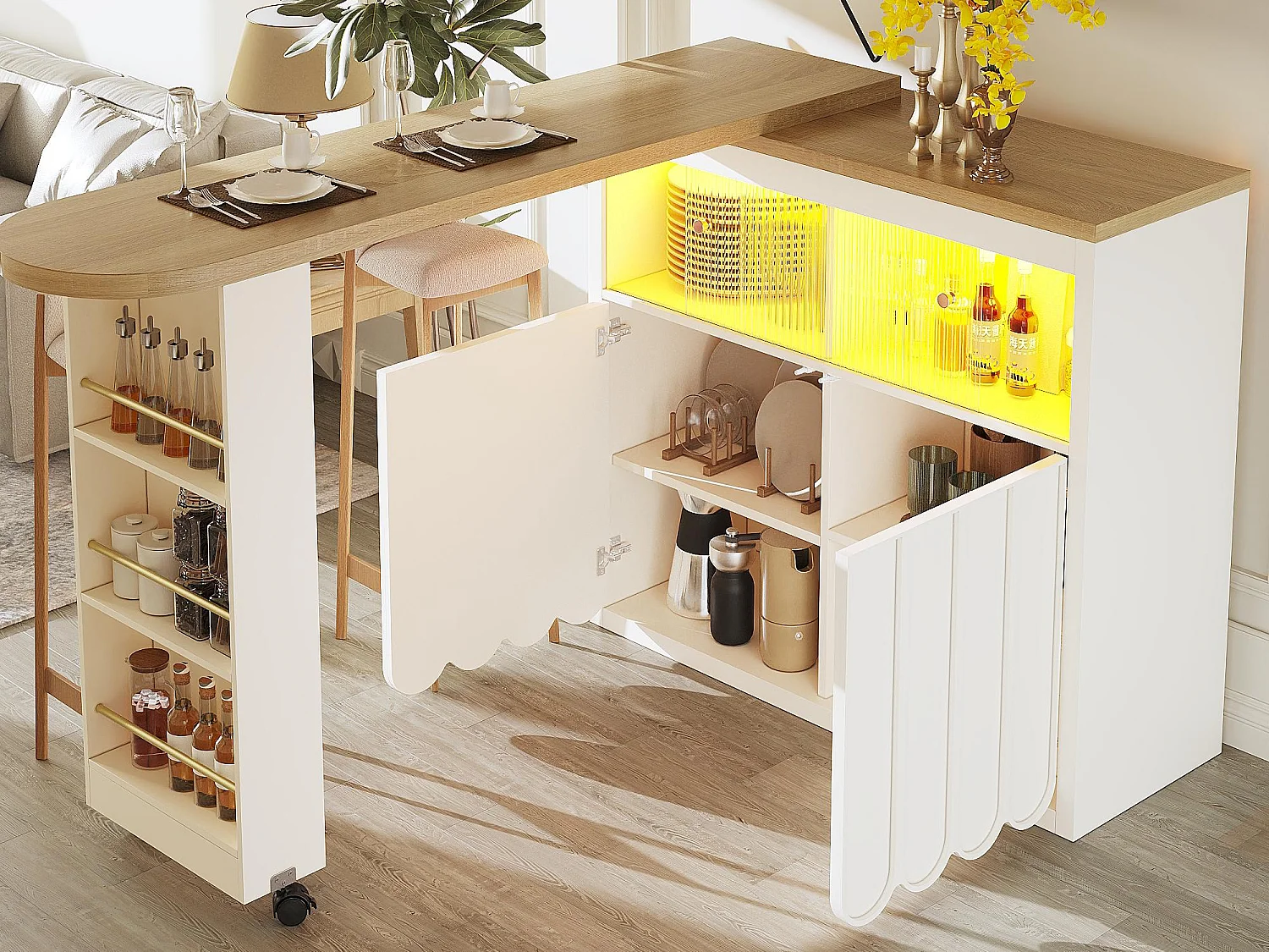 Meuble de bar de cuisine extensible - et rotation à 360° - 135-205x39x100cm - 2 portes - avec étagères latérales - Blanc