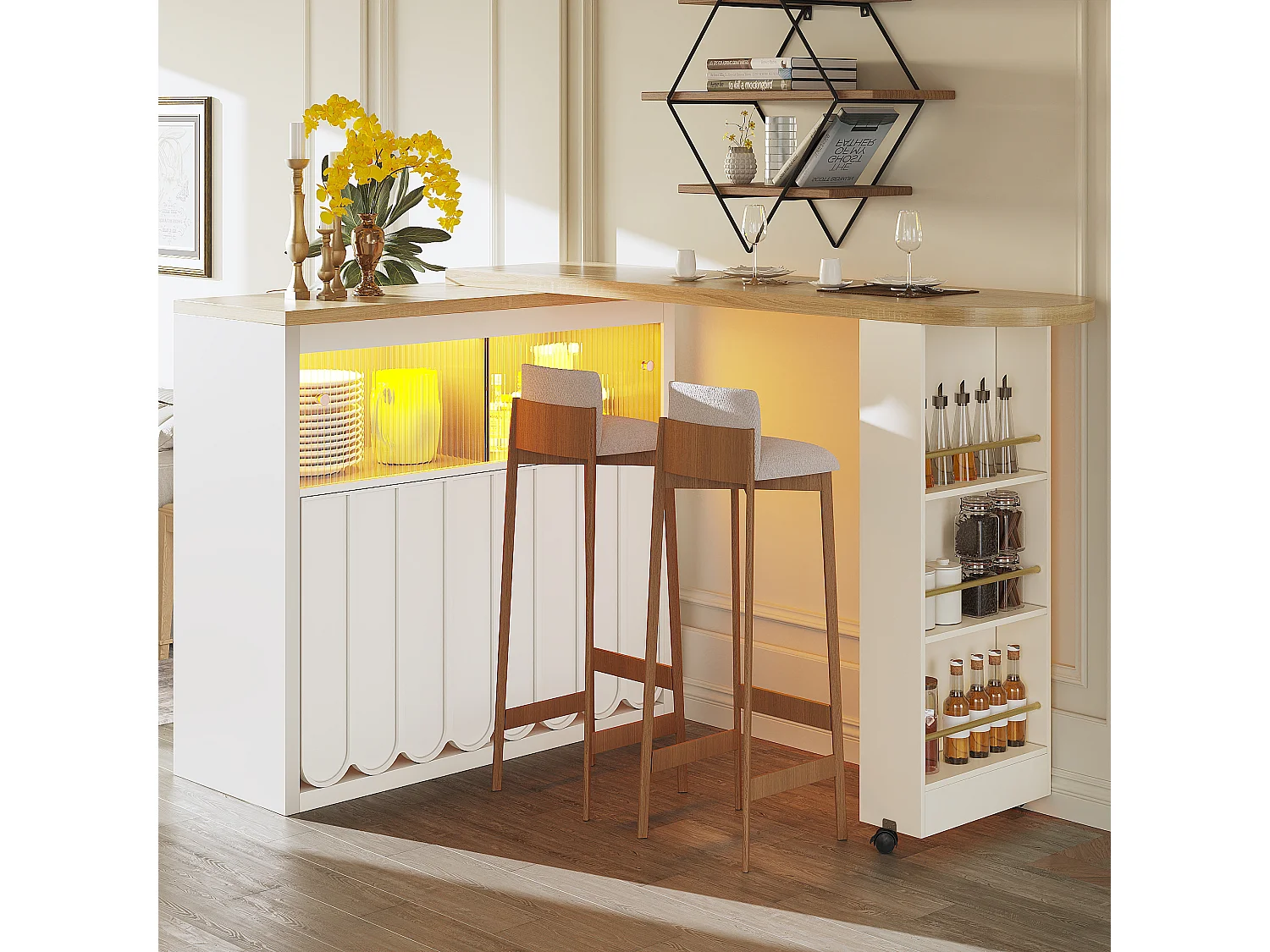 Meuble de bar de cuisine extensible - et rotation à 360° - 135-205x39x100cm - 2 portes - avec étagères latérales - Blanc