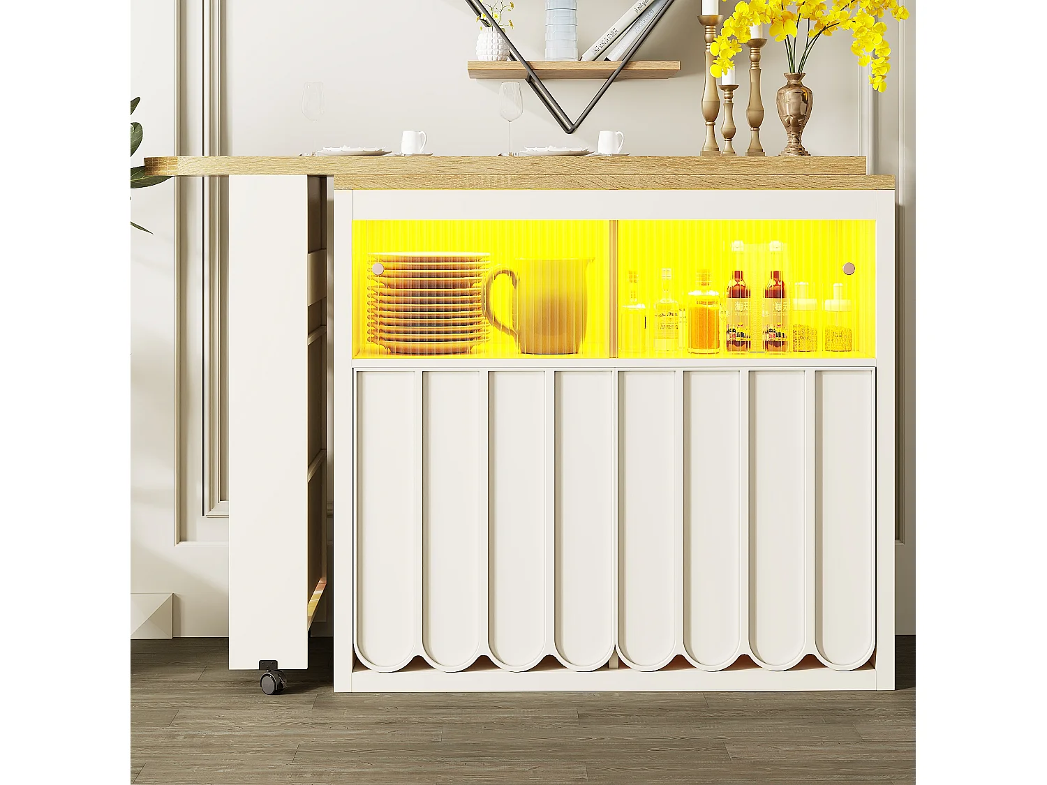 Meuble de bar de cuisine extensible - et rotation à 360° - 135-205x39x100cm - 2 portes - avec étagères latérales - Blanc