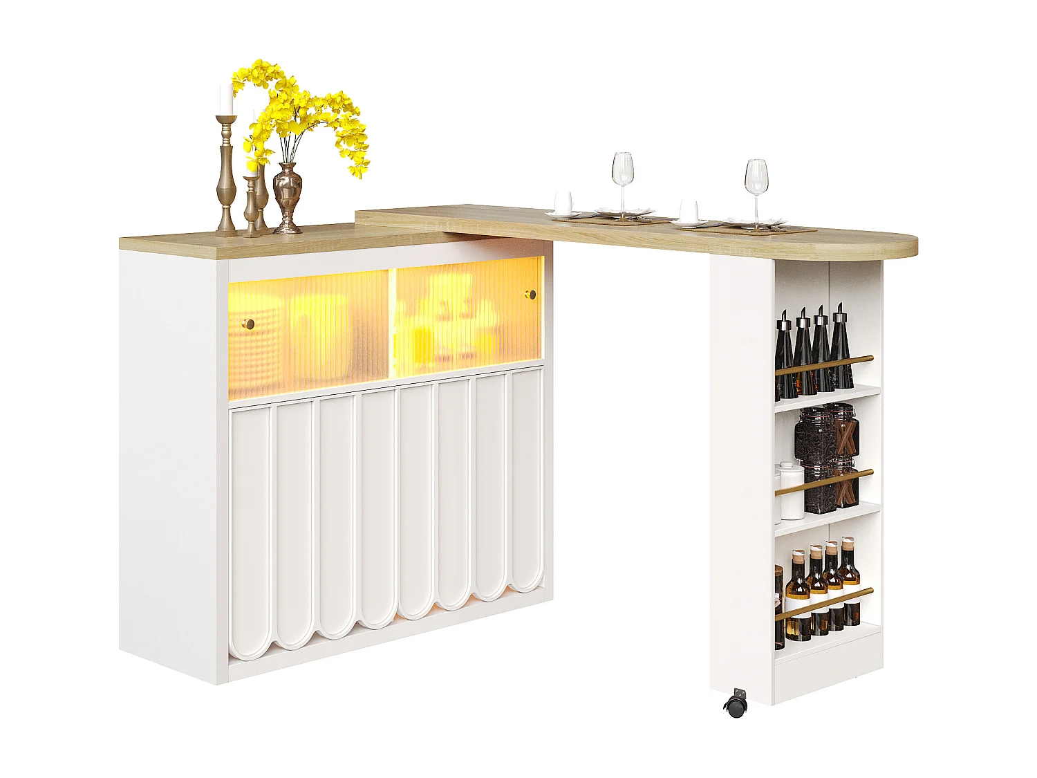 Meuble de bar de cuisine extensible - et rotation à 360° - 135-205x39x100cm - 2 portes - avec étagères latérales - Blanc