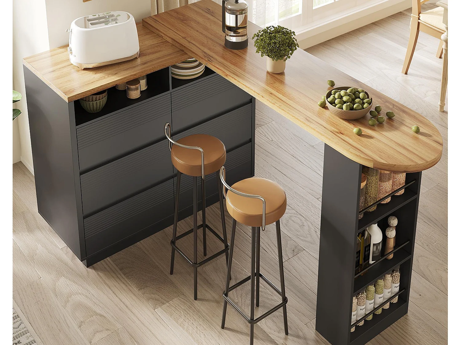 Ausziehbarer Küchen-Bar-Schrank - mit 360°-Drehung - 215x39x105cm - 6 Schubladen - mit Seitengestellen - Schwarz