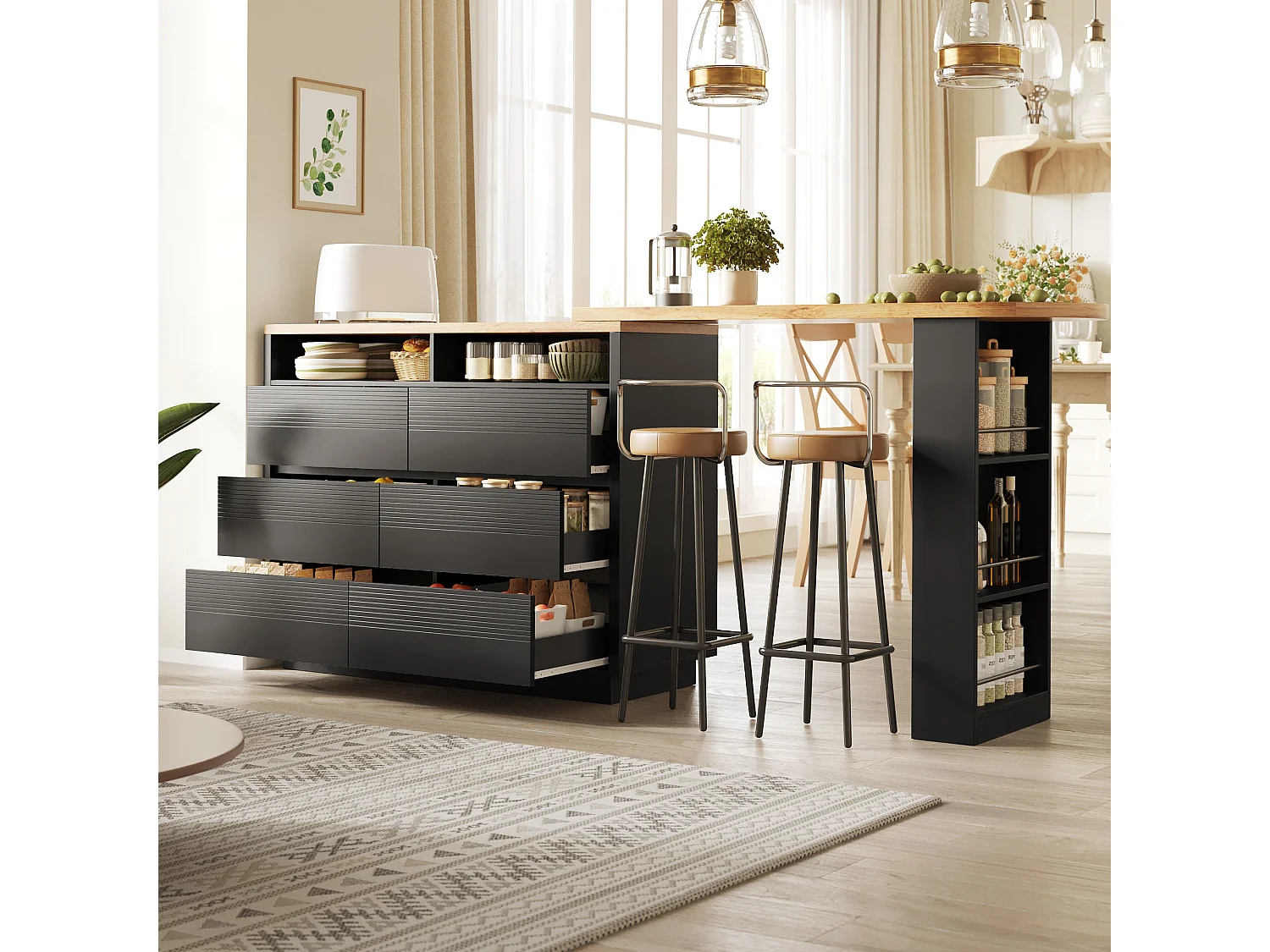 Ausziehbarer Küchen-Bar-Schrank - mit 360°-Drehung - 215x39x105cm - 6 Schubladen - mit Seitengestellen - Schwarz