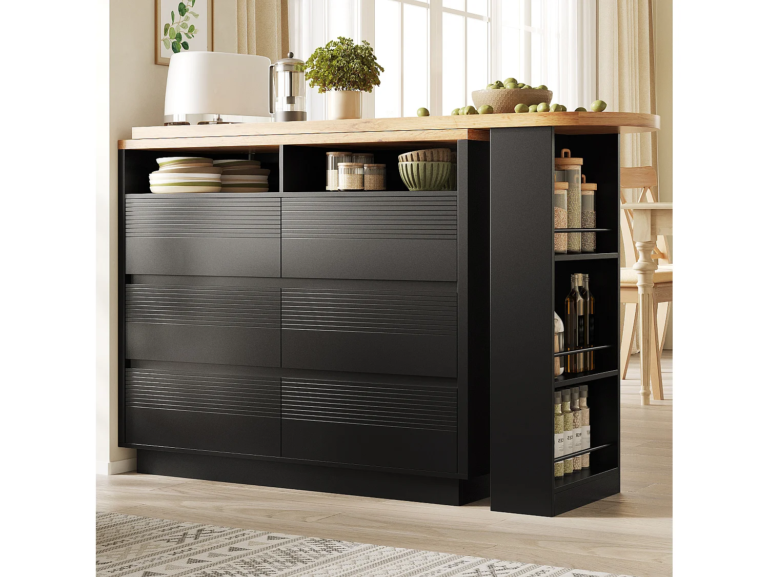 Ausziehbarer Küchen-Bar-Schrank - mit 360°-Drehung - 215x39x105cm - 6 Schubladen - mit Seitengestellen - Schwarz