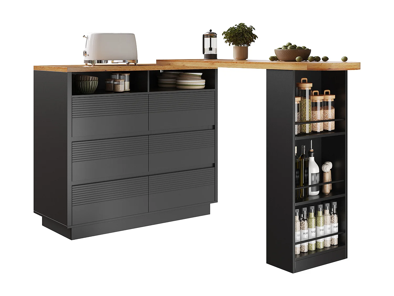 Ausziehbarer Küchen-Bar-Schrank - mit 360°-Drehung - 215x39x105cm - 6 Schubladen - mit Seitengestellen - Schwarz