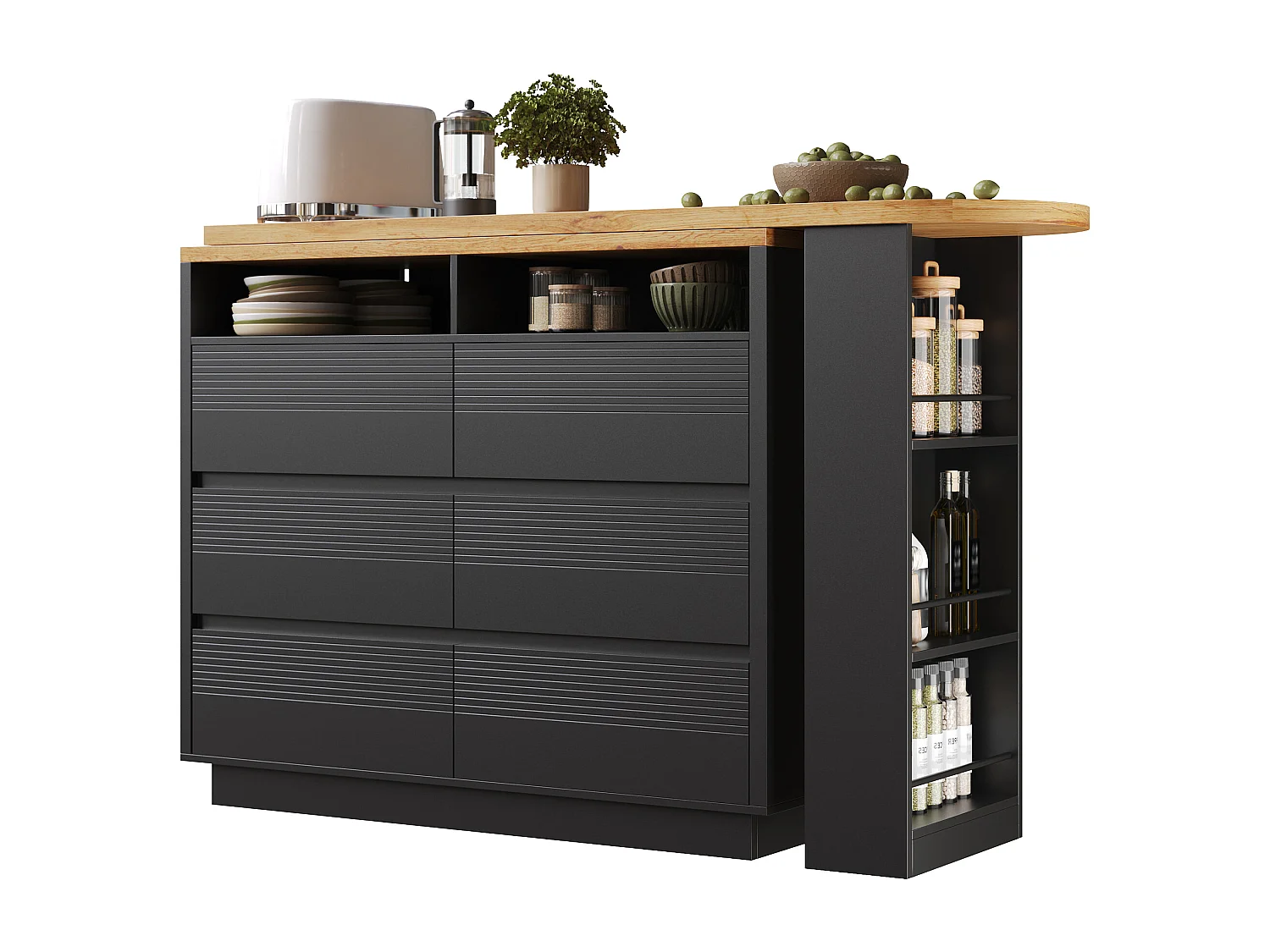 Ausziehbarer Küchen-Bar-Schrank - mit 360°-Drehung - 215x39x105cm - 6 Schubladen - mit Seitengestellen - Schwarz