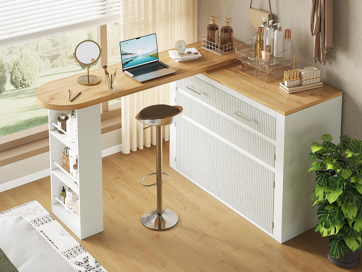 Mueble de bar de cocina extensible - con rotación 360° - 215x39x103cm - 2 puertas, 2 cajones - con estantes laterales - Blanco