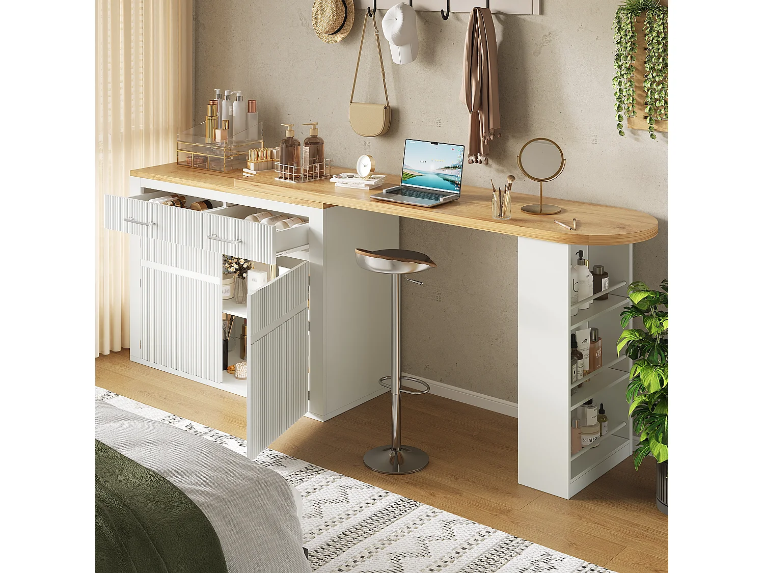 Mueble de bar de cocina extensible - con rotación 360° - 215x39x103cm - 2 puertas, 2 cajones - con estantes laterales - Blanco