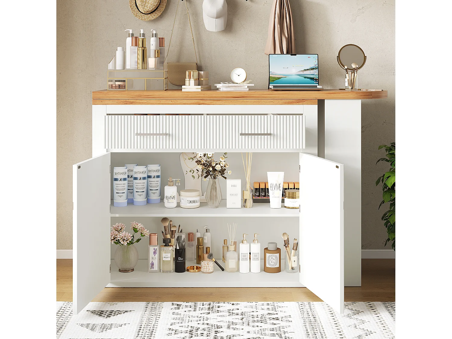 Mueble de bar de cocina extensible - con rotación 360° - 215x39x103cm - 2 puertas, 2 cajones - con estantes laterales - Blanco