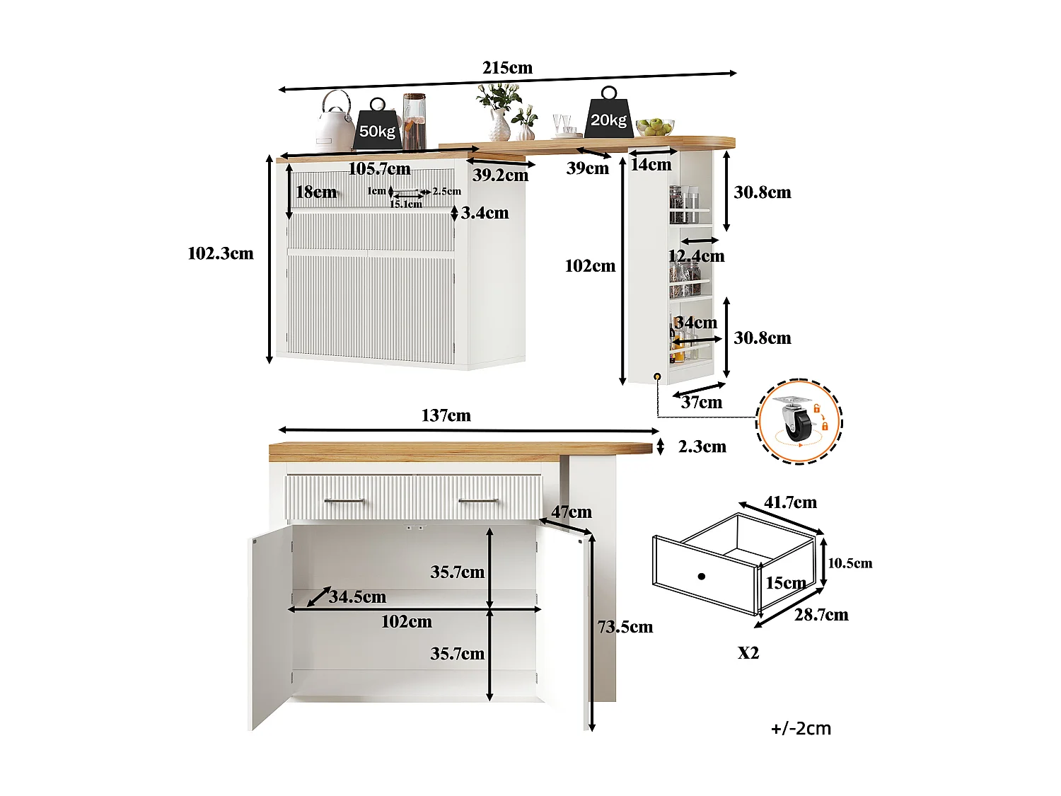 Mueble de bar de cocina extensible - con rotación 360° - 215x39x103cm - 2 puertas, 2 cajones - con estantes laterales - Blanco