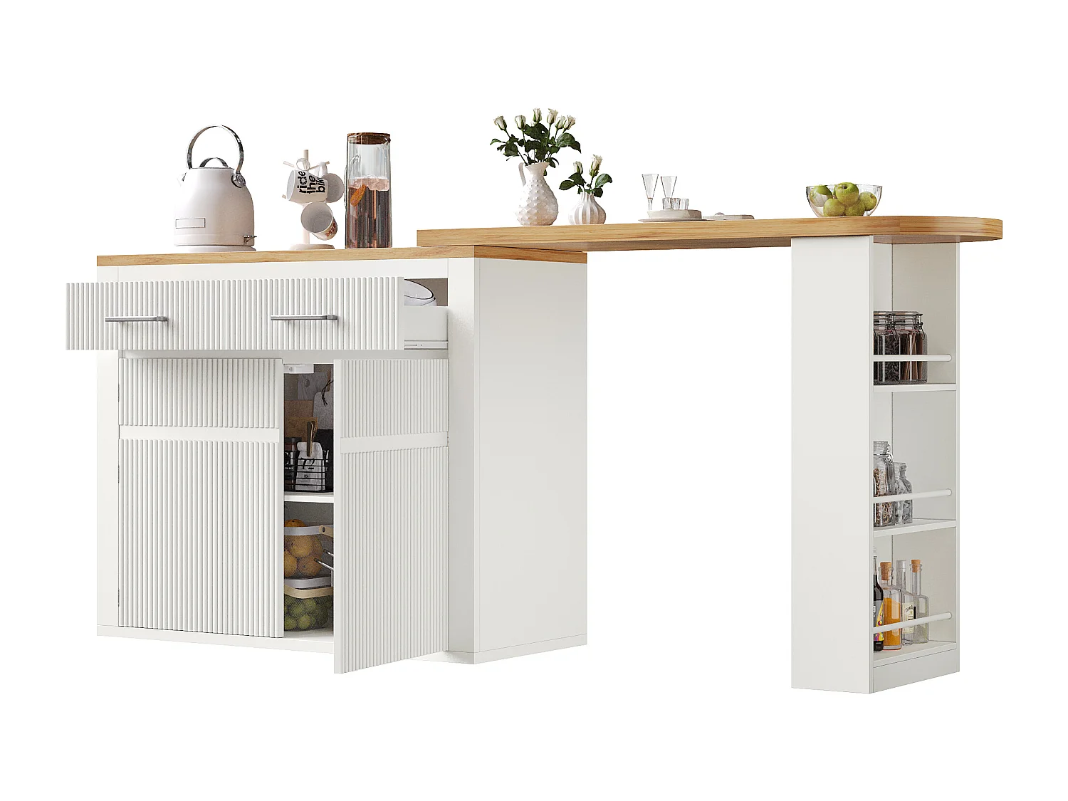 Mueble de bar de cocina extensible - con rotación 360° - 215x39x103cm - 2 puertas, 2 cajones - con estantes laterales - Blanco