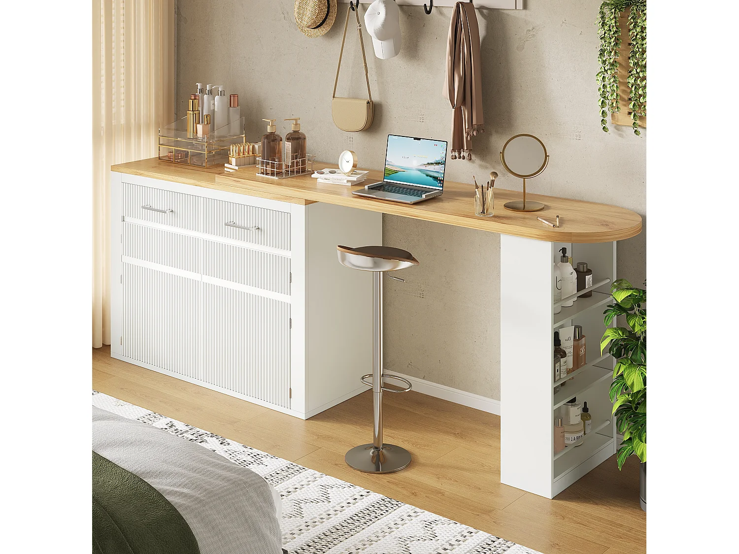 Ausziehbarer Küchen-Bar-Schrank - mit 360°-Drehung - 215x39x103cm - 2 Türen, 2 Schubladen - mit Seitengestellen - Weiß