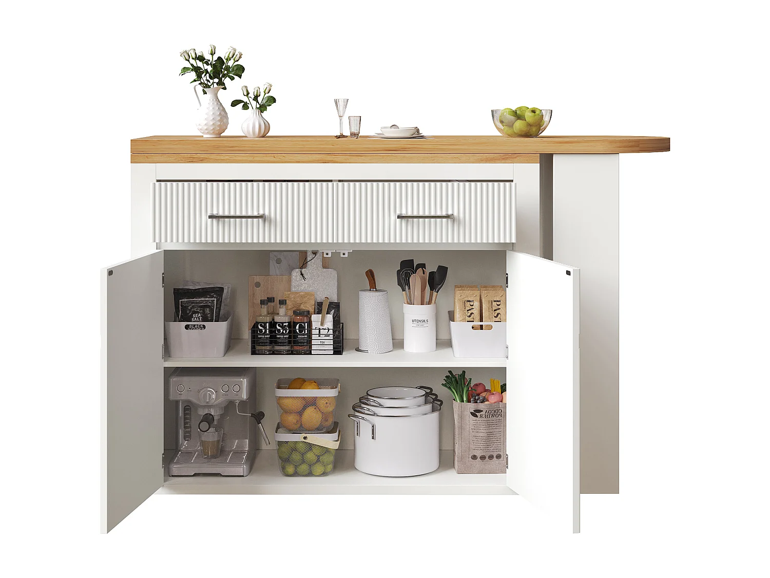 Ausziehbarer Küchen-Bar-Schrank - mit 360°-Drehung - 215x39x103cm - 2 Türen, 2 Schubladen - mit Seitengestellen - Weiß