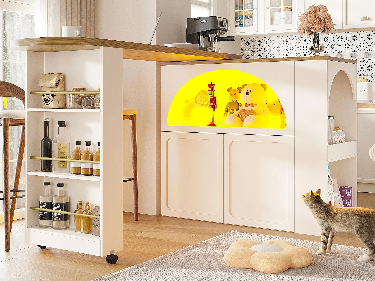 Uitschuifbare keukenbar - met 360° draaifunctie - 205x39x100cm - 2 deuren - met zijplanken - Wit