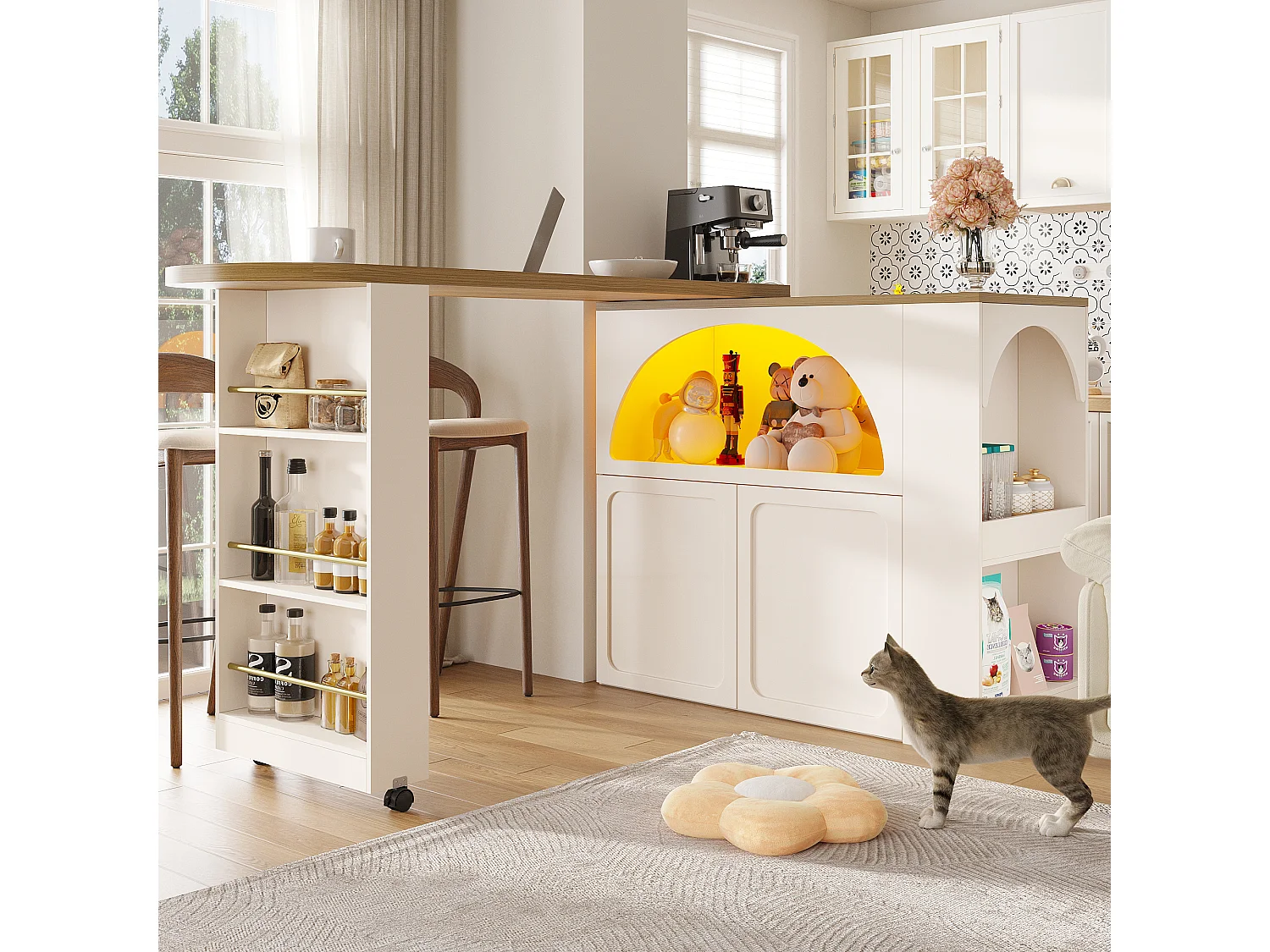 Uitschuifbare keukenbar - met 360° draaifunctie - 205x39x100cm - 2 deuren - met zijplanken - Wit