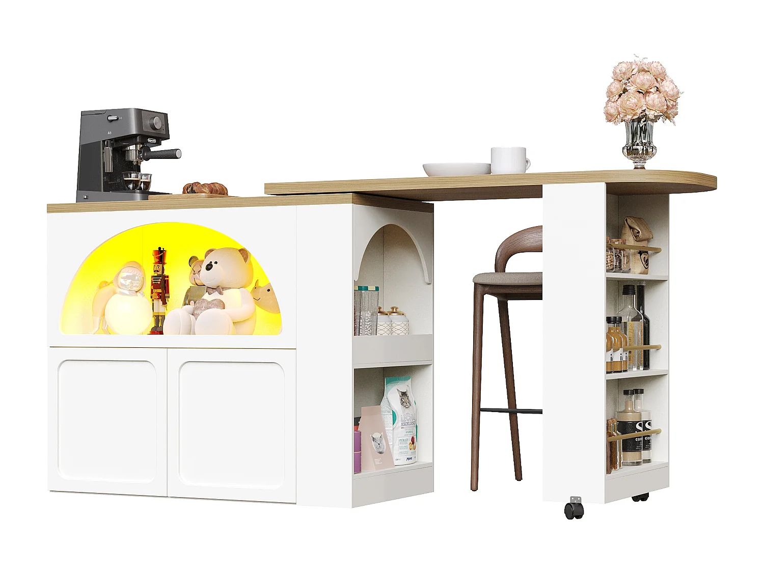 Uitschuifbare keukenbar - met 360° draaifunctie - 205x39x100cm - 2 deuren - met zijplanken - Wit