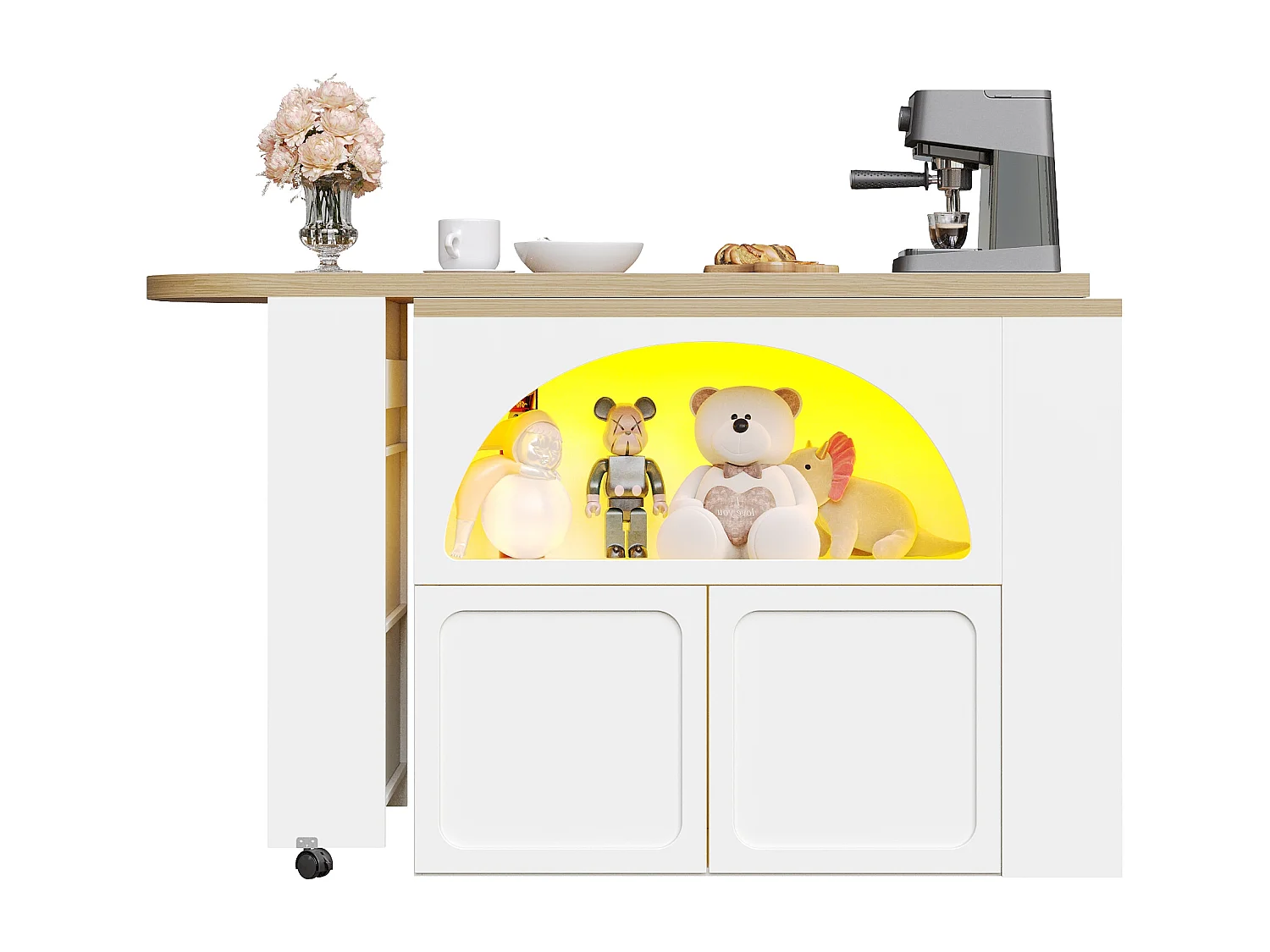 Uitschuifbare keukenbar - met 360° draaifunctie - 205x39x100cm - 2 deuren - met zijplanken - Wit