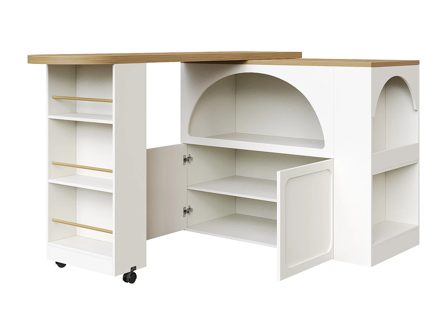 Uitschuifbare keukenbar - met 360° draaifunctie - 205x39x100cm - 2 deuren - met zijplanken - Wit