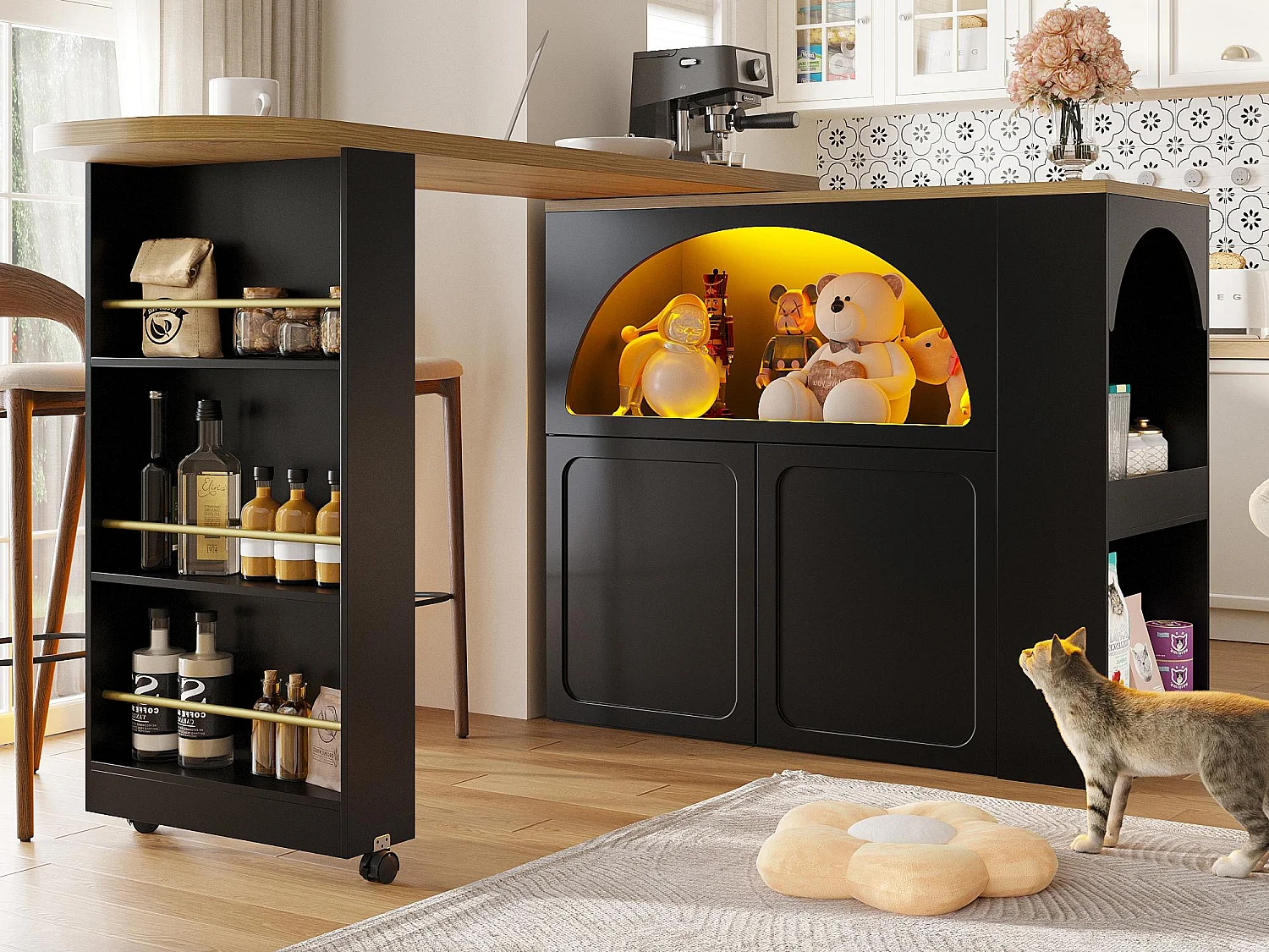 Mueble de bar de cocina extensible - con rotación 360° - 205x39x100cm - 2 puertas - con estantes laterales - Negro