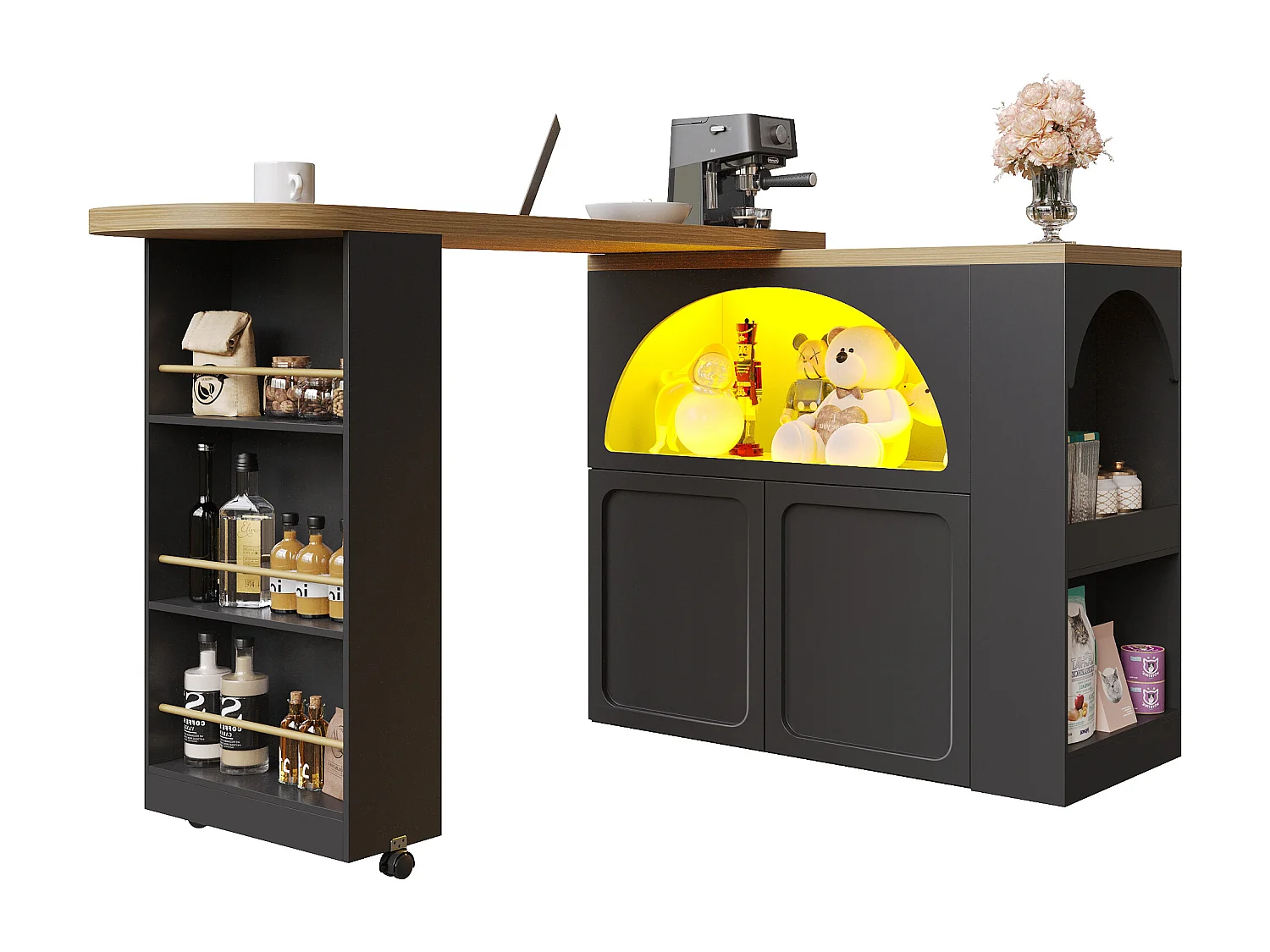 Mueble de bar de cocina extensible - con rotación 360° - 205x39x100cm - 2 puertas - con estantes laterales - Negro