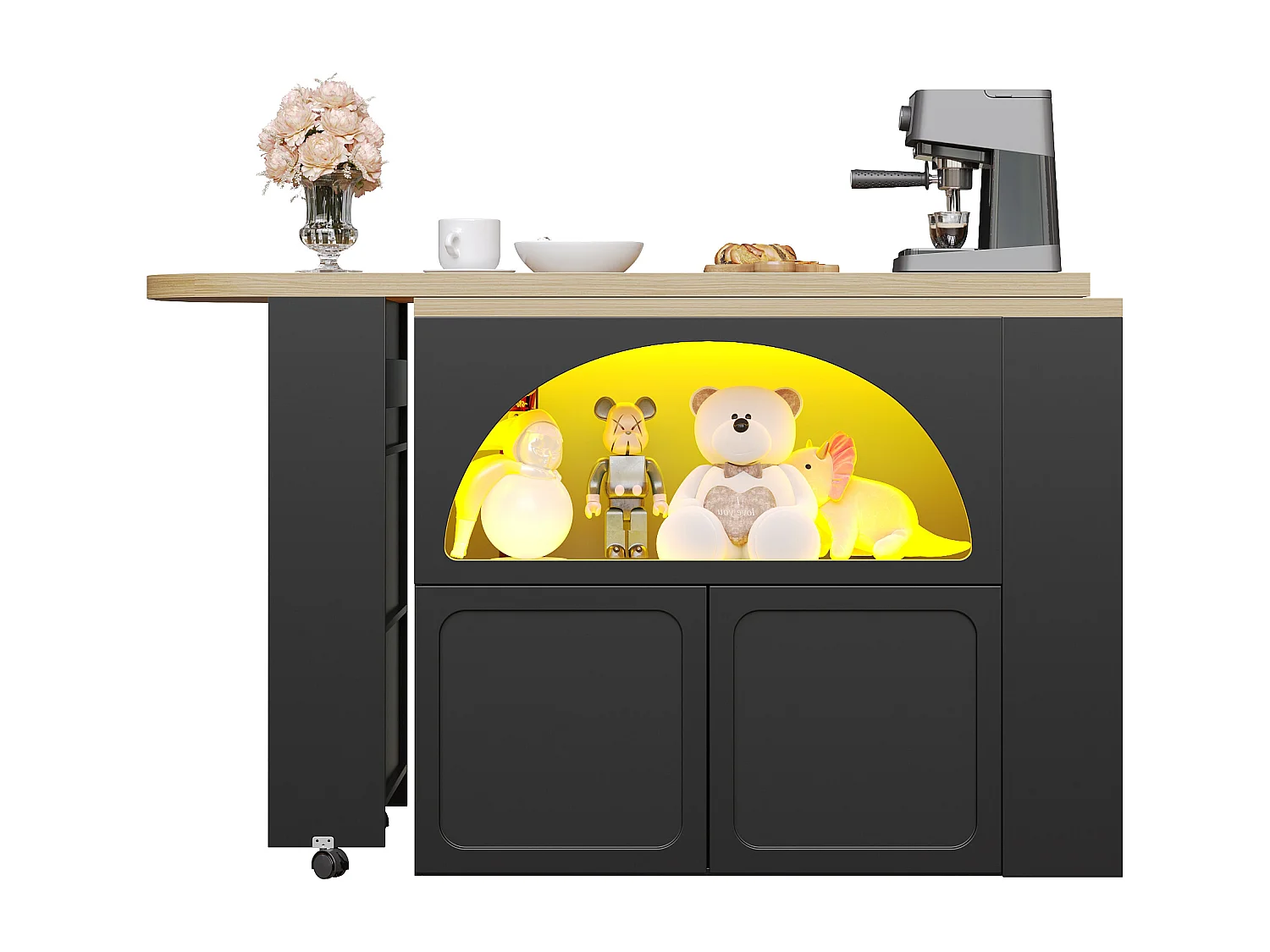 Mueble de bar de cocina extensible - con rotación 360° - 205x39x100cm - 2 puertas - con estantes laterales - Negro