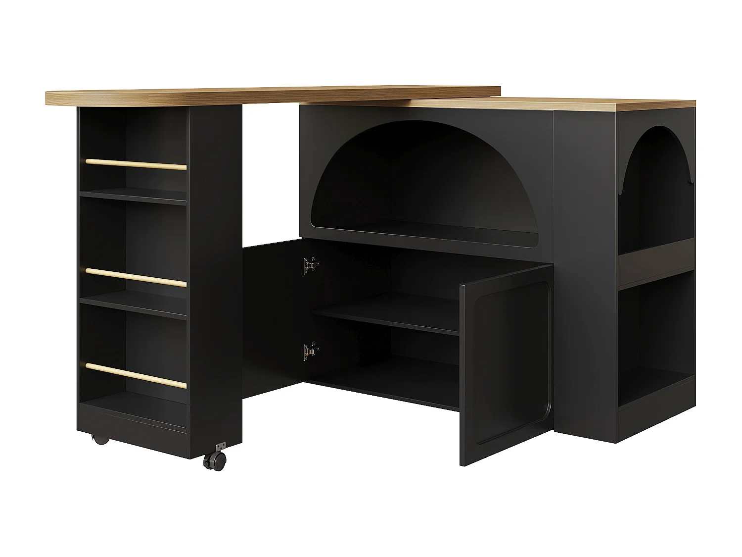 Mueble de bar de cocina extensible - con rotación 360° - 205x39x100cm - 2 puertas - con estantes laterales - Negro