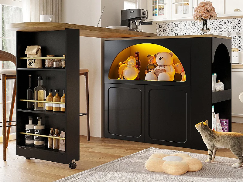 Ausziehbarer Küchen-Bar-Schrank - mit 360°-Drehung - 205x39x100cm - 2 Türen - mit Seitengestellen - Schwarz