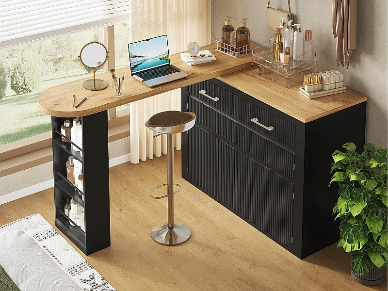 Ausziehbarer Küchen-Bar-Schrank - mit 360°-Drehung - 215x39x103cm - 2 Türen, 2 Schubladen - mit Seitengestellen - Schwarz