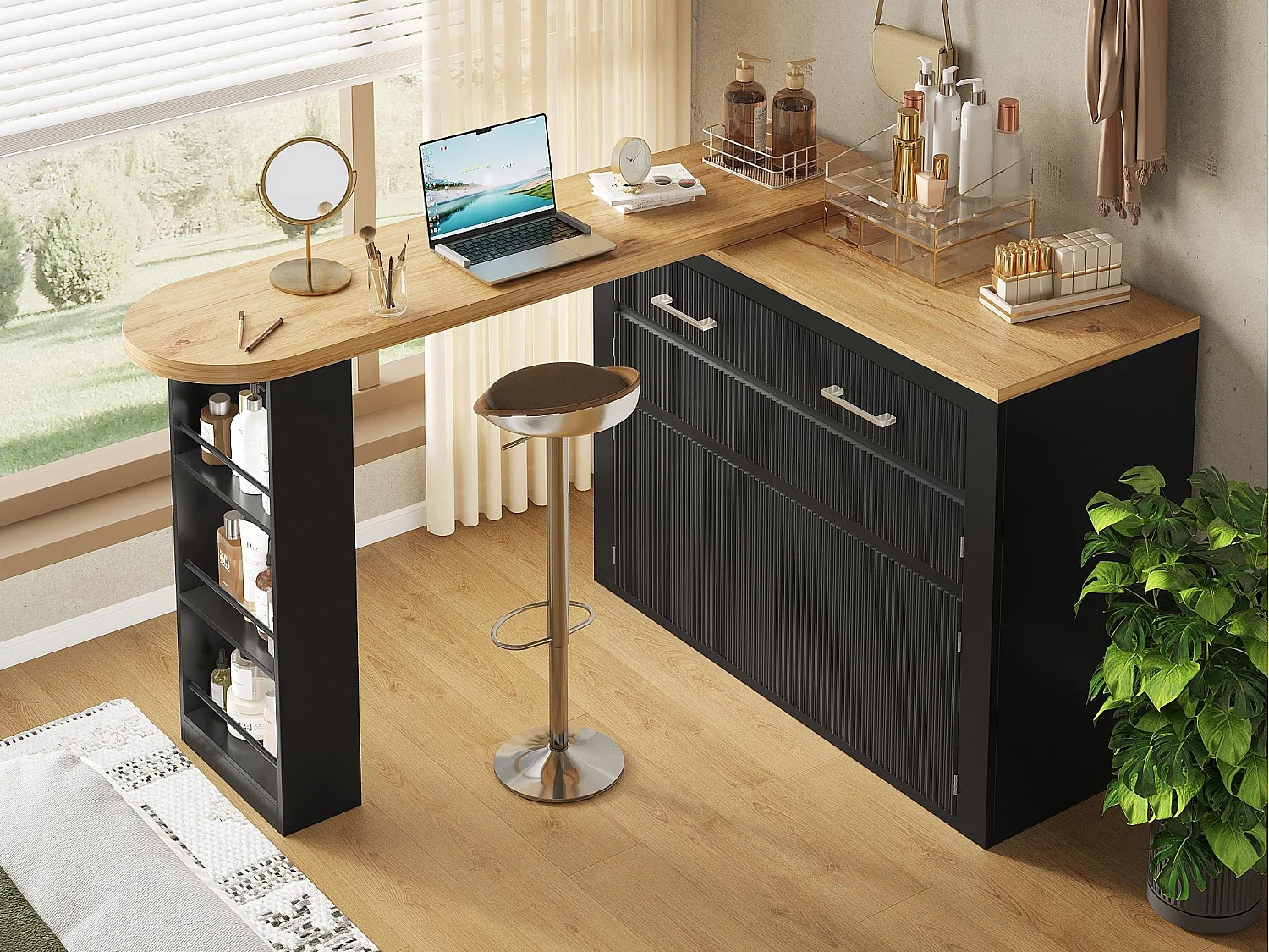 Ausziehbarer Küchen-Bar-Schrank - mit 360°-Drehung - 215x39x103cm - 2 Türen, 2 Schubladen - mit Seitengestellen - Schwarz