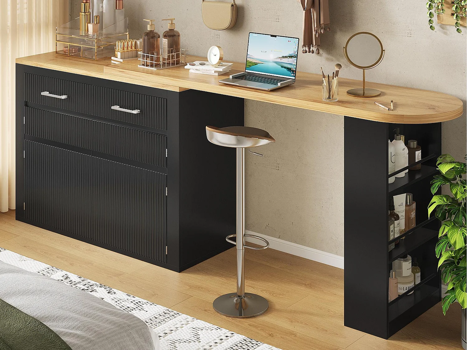 Ausziehbarer Küchen-Bar-Schrank - mit 360°-Drehung - 215x39x103cm - 2 Türen, 2 Schubladen - mit Seitengestellen - Schwarz