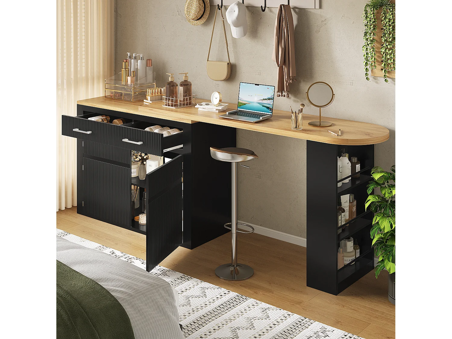 Ausziehbarer Küchen-Bar-Schrank - mit 360°-Drehung - 215x39x103cm - 2 Türen, 2 Schubladen - mit Seitengestellen - Schwarz