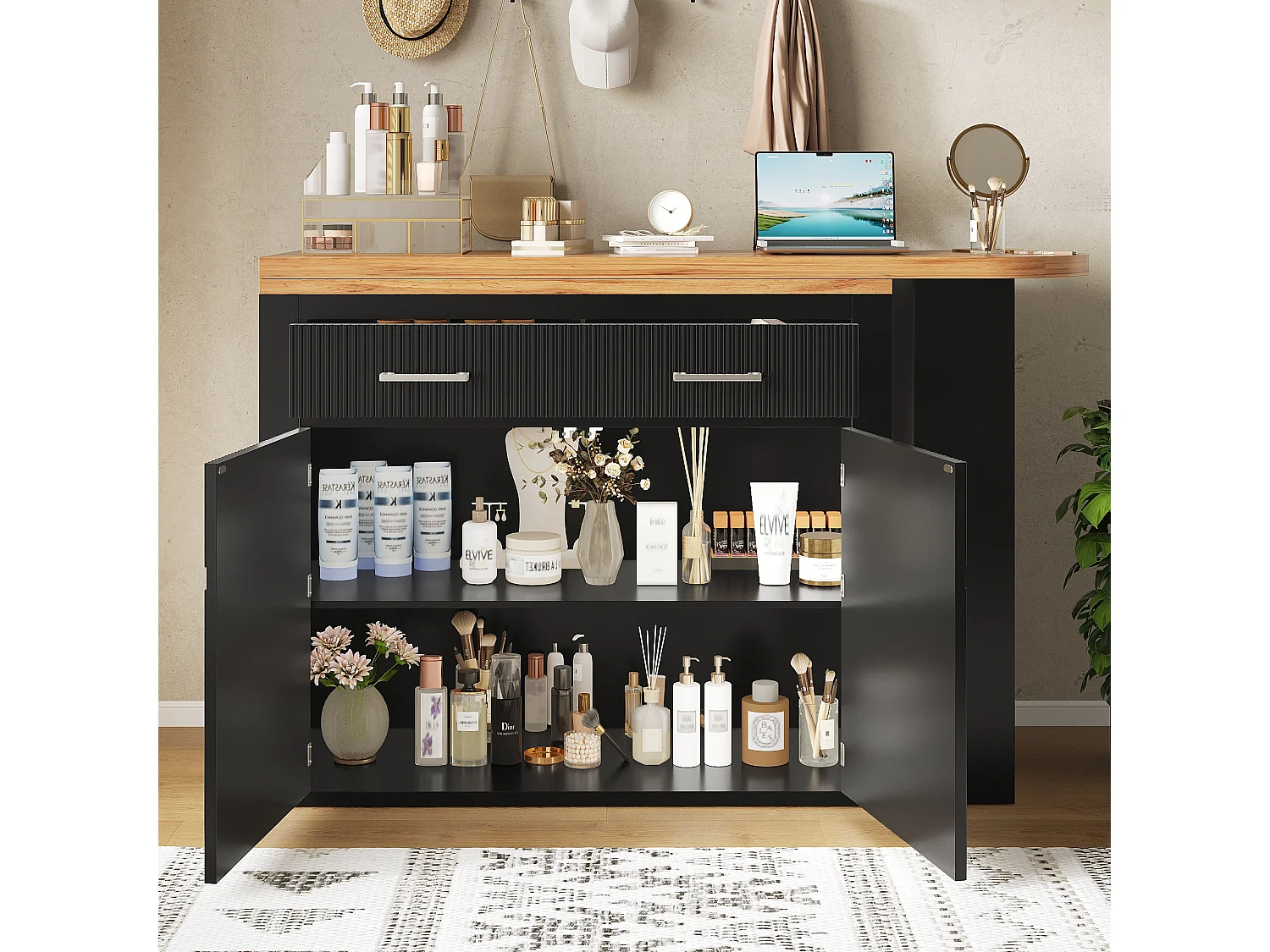 Ausziehbarer Küchen-Bar-Schrank - mit 360°-Drehung - 215x39x103cm - 2 Türen, 2 Schubladen - mit Seitengestellen - Schwarz