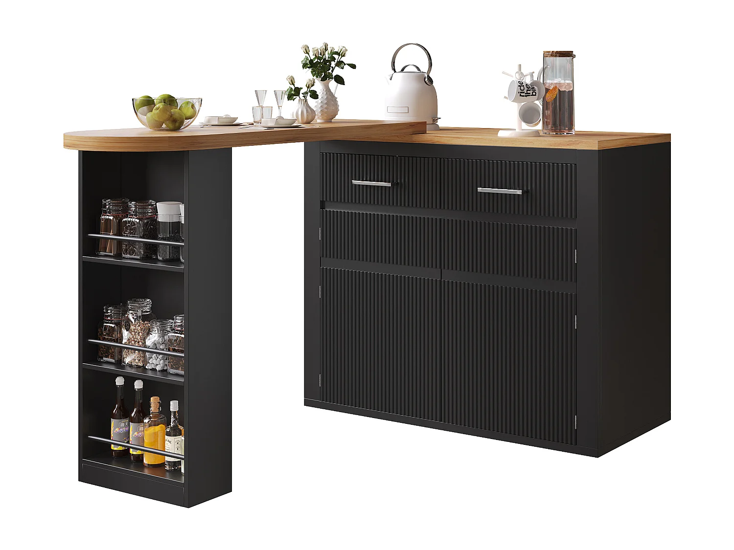 Ausziehbarer Küchen-Bar-Schrank - mit 360°-Drehung - 215x39x103cm - 2 Türen, 2 Schubladen - mit Seitengestellen - Schwarz