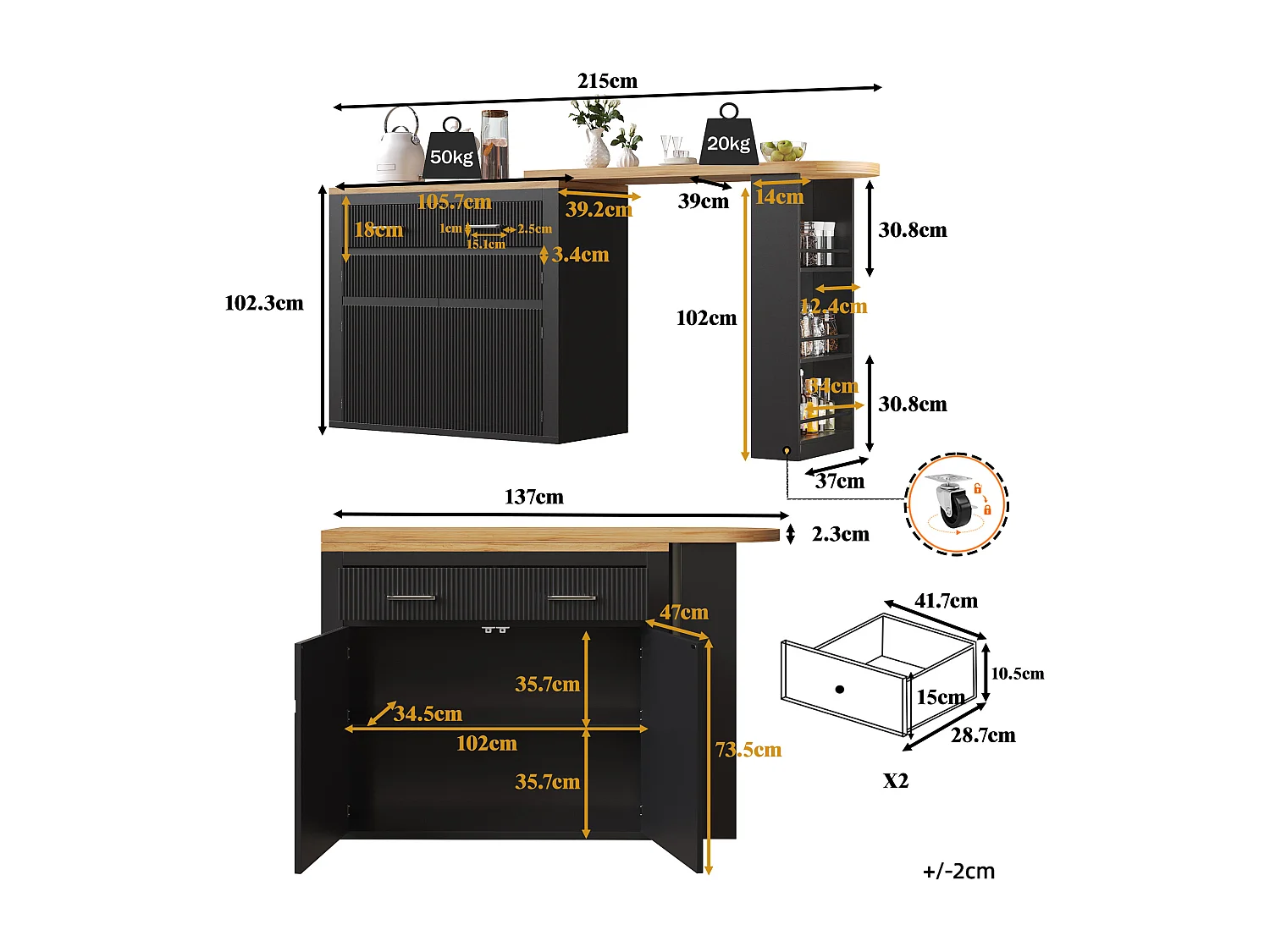 Mobile bar cucina estensibile - con rotazione 360° - 215x39x103cm - 2 ante, 2 cassetti - con ripiani laterali - Nero