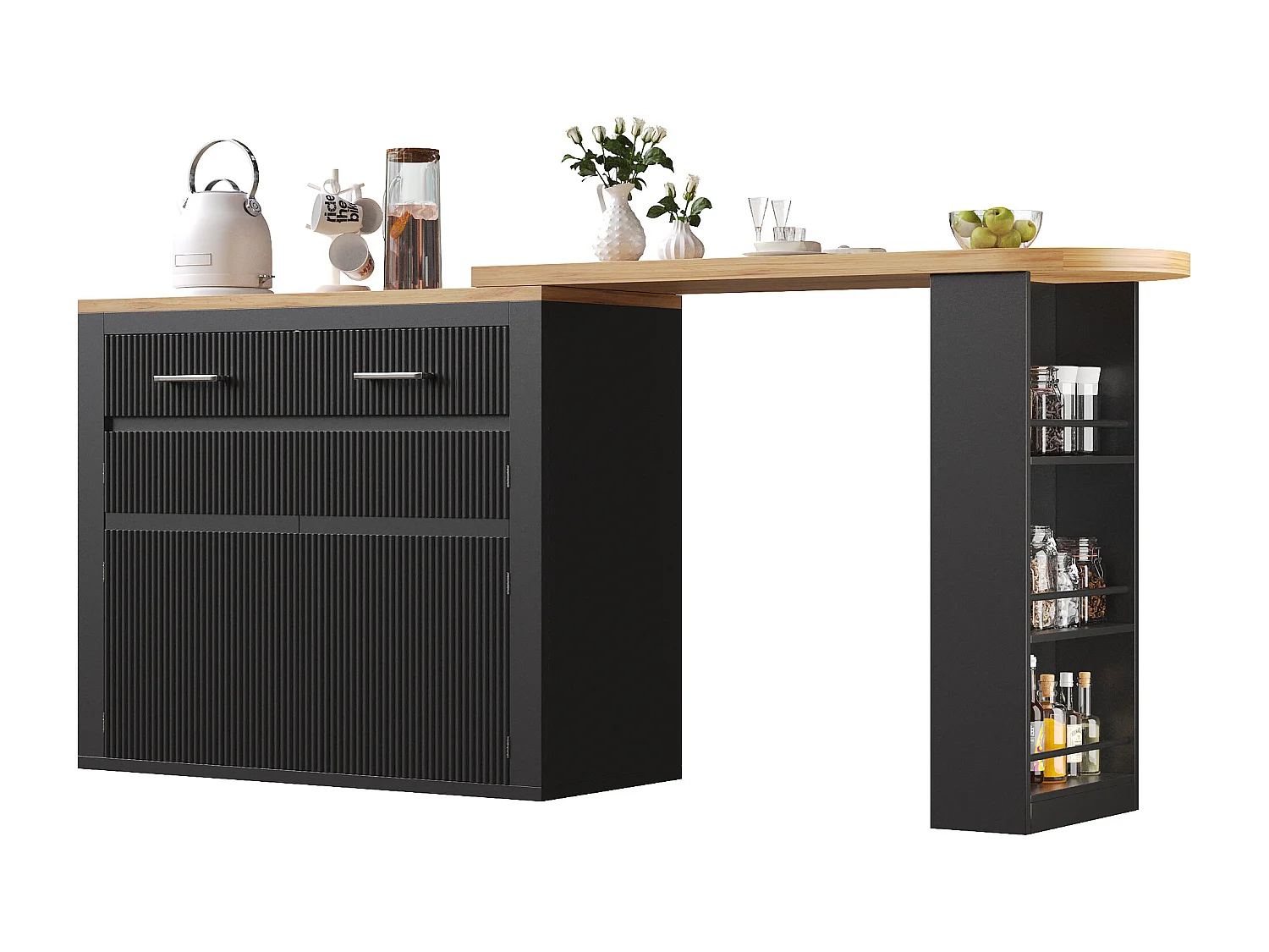 Mobile bar cucina estensibile - con rotazione 360° - 215x39x103cm - 2 ante, 2 cassetti - con ripiani laterali - Nero