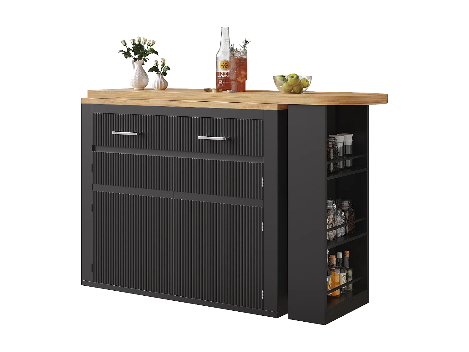 Mobile bar cucina estensibile - con rotazione 360° - 215x39x103cm - 2 ante, 2 cassetti - con ripiani laterali - Nero