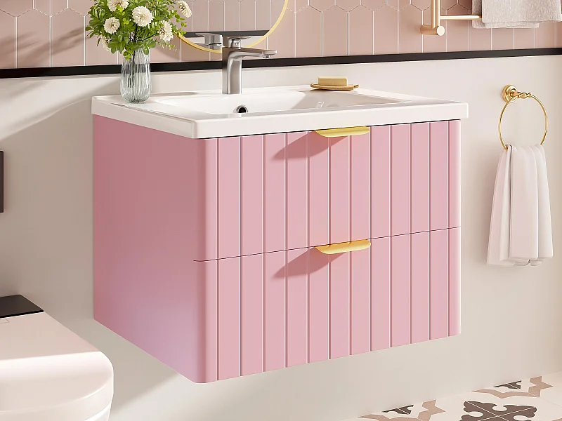 Meuble de salle de bain suspendu - avec une vasque en céramique - avec 2 tiroirs - Rose (robinet non inclus)