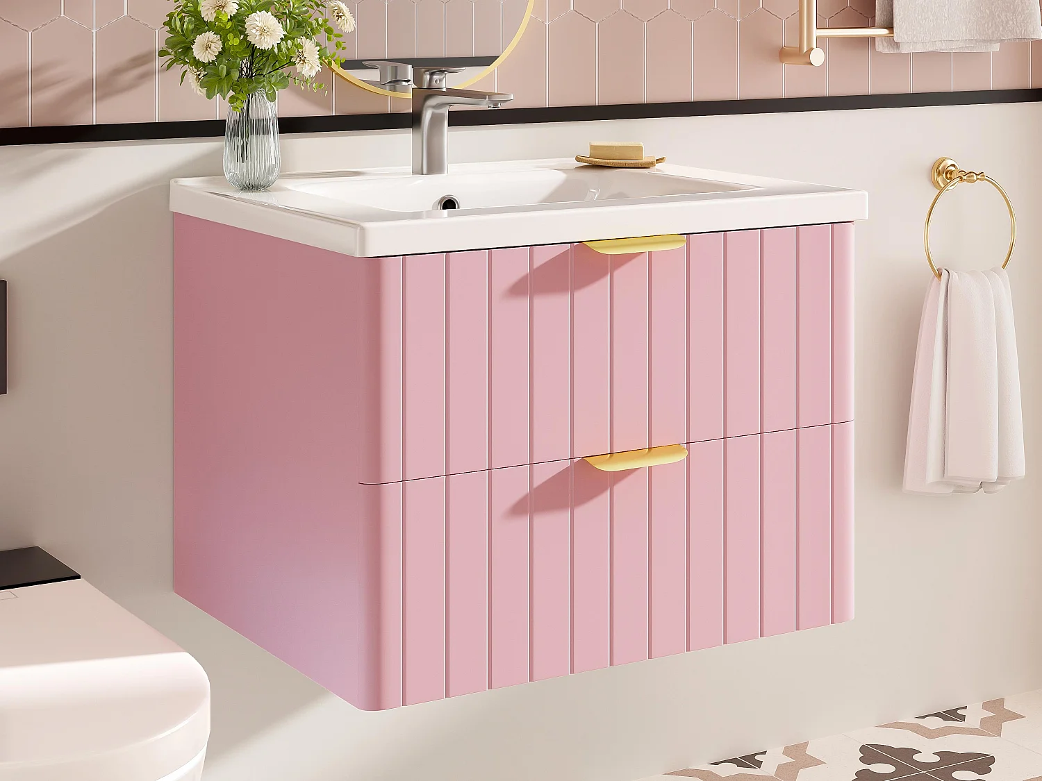 Meuble de salle de bain suspendu - avec une vasque en céramique - avec 2 tiroirs - Rose (robinet non inclus)