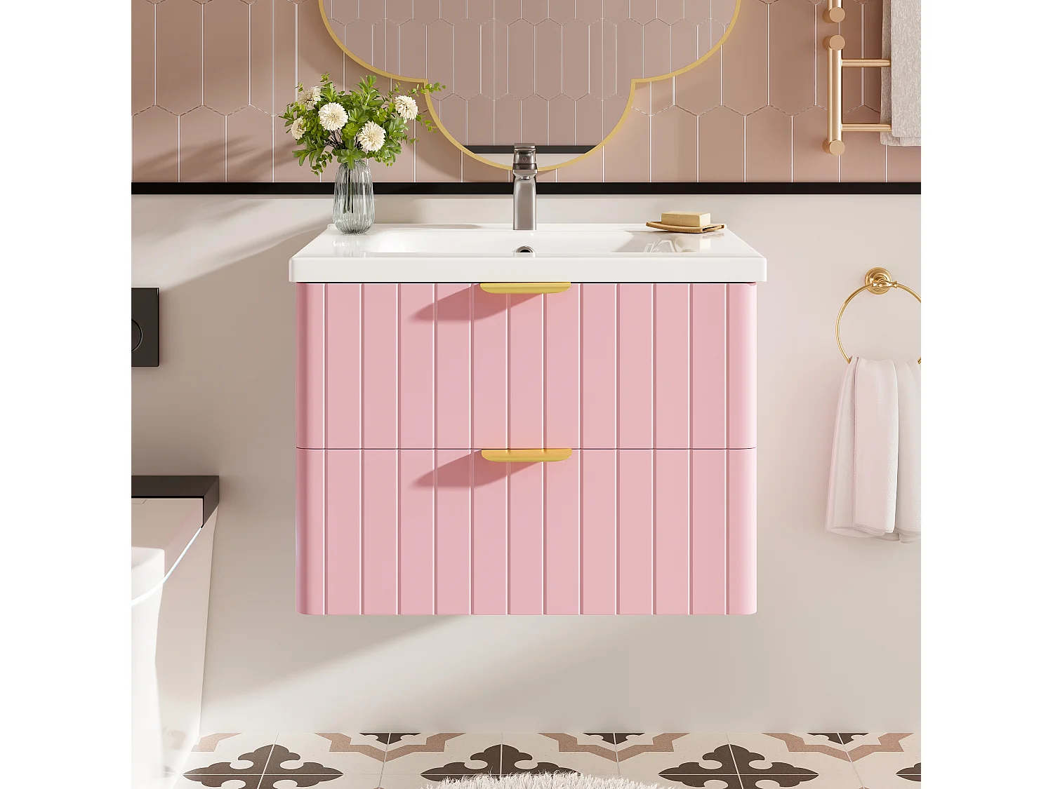 Meuble de salle de bain suspendu - avec une vasque en céramique - avec 2 tiroirs - Rose (robinet non inclus)