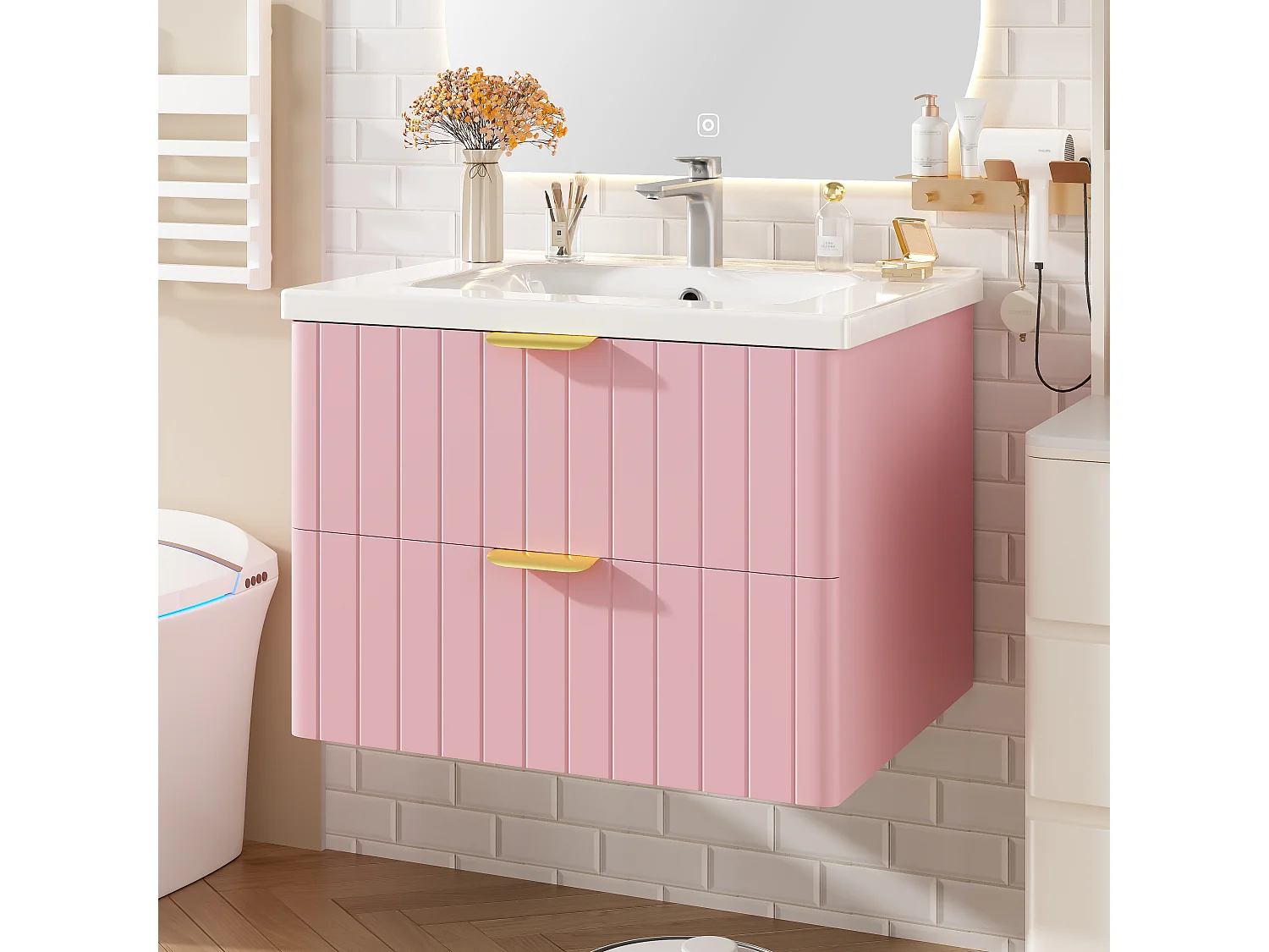 Meuble de salle de bain suspendu - avec une vasque en céramique - avec 2 tiroirs - Rose (robinet non inclus)