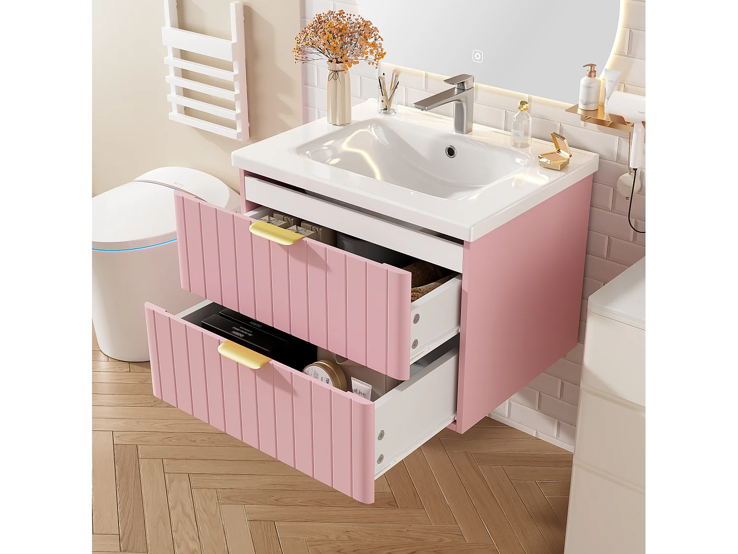 Meuble de salle de bain suspendu - avec une vasque en céramique - avec 2 tiroirs - Rose (robinet non inclus)