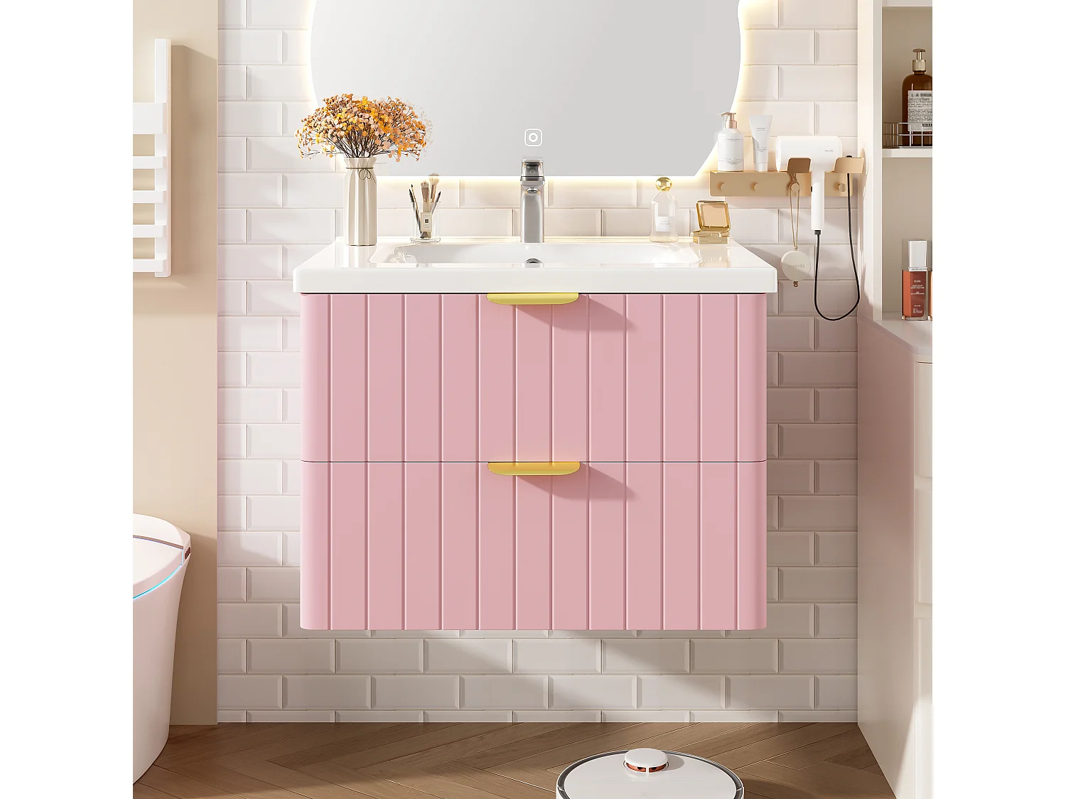 Meuble de salle de bain suspendu - avec une vasque en céramique - avec 2 tiroirs - Rose (robinet non inclus)