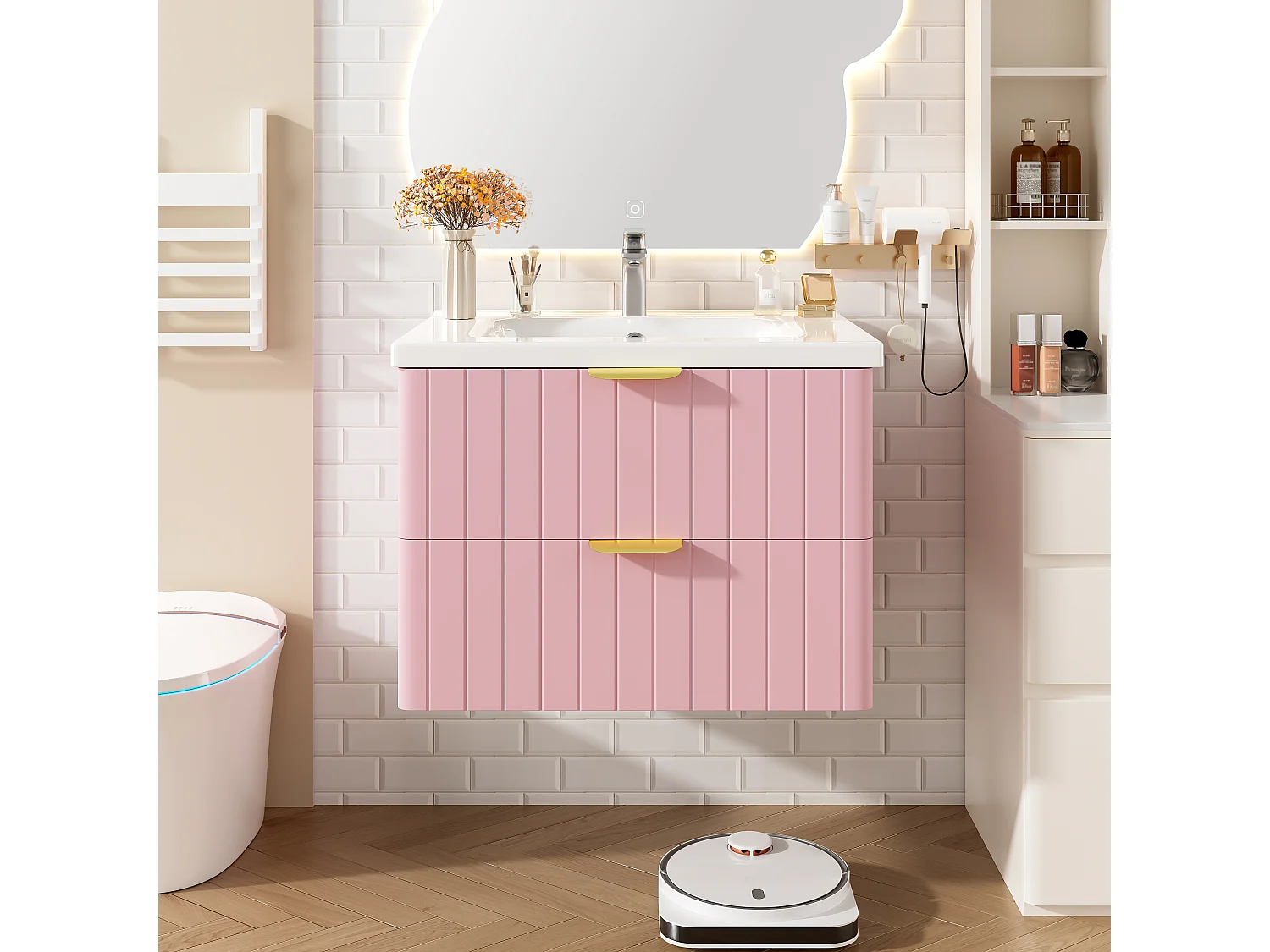 Meuble de salle de bain suspendu - avec une vasque en céramique - avec 2 tiroirs - Rose (robinet non inclus)