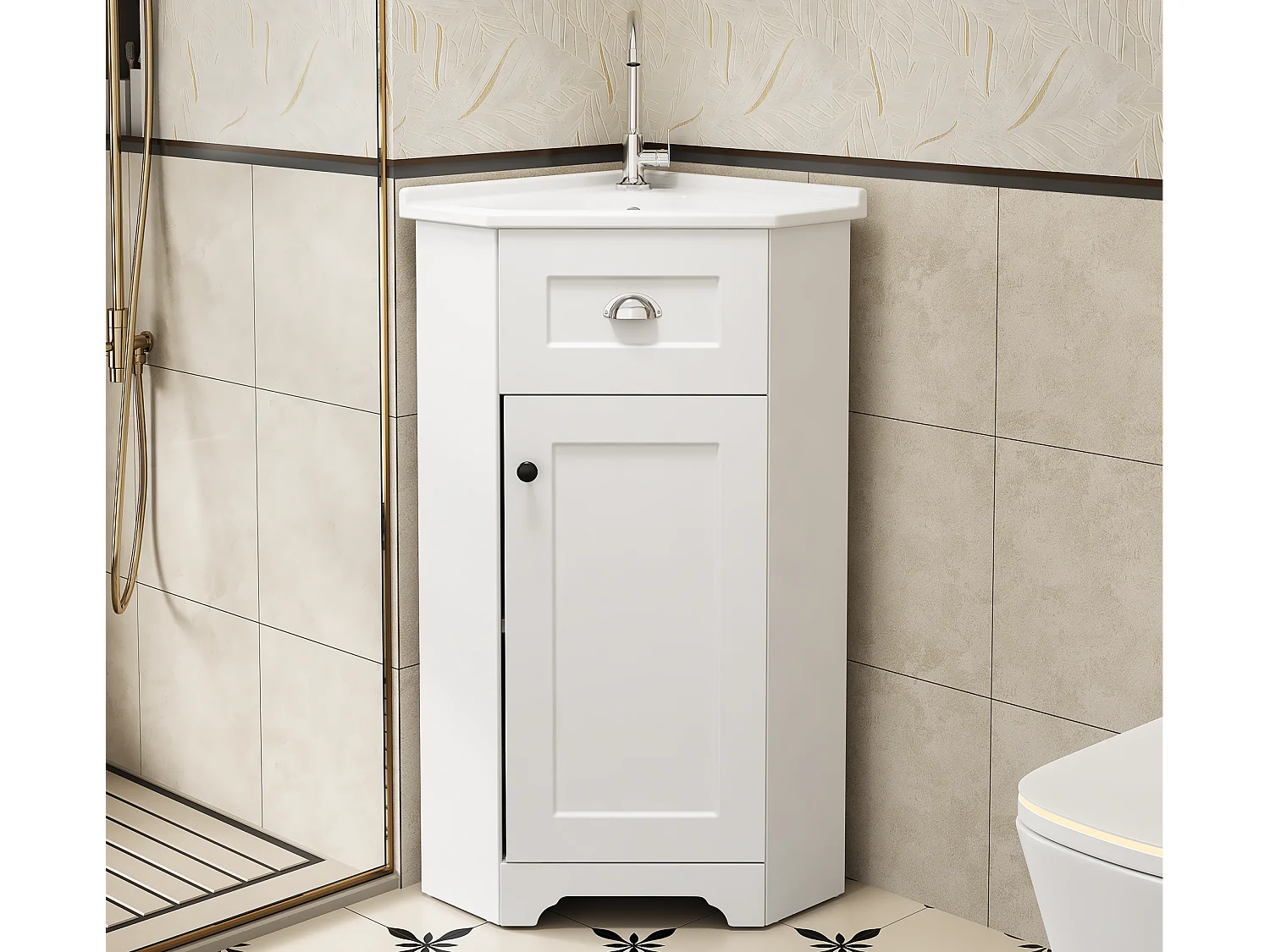 Meuble de salle de bain - avec une vasque en céramique - avec 1 porte - Blanc (robinet non inclus)